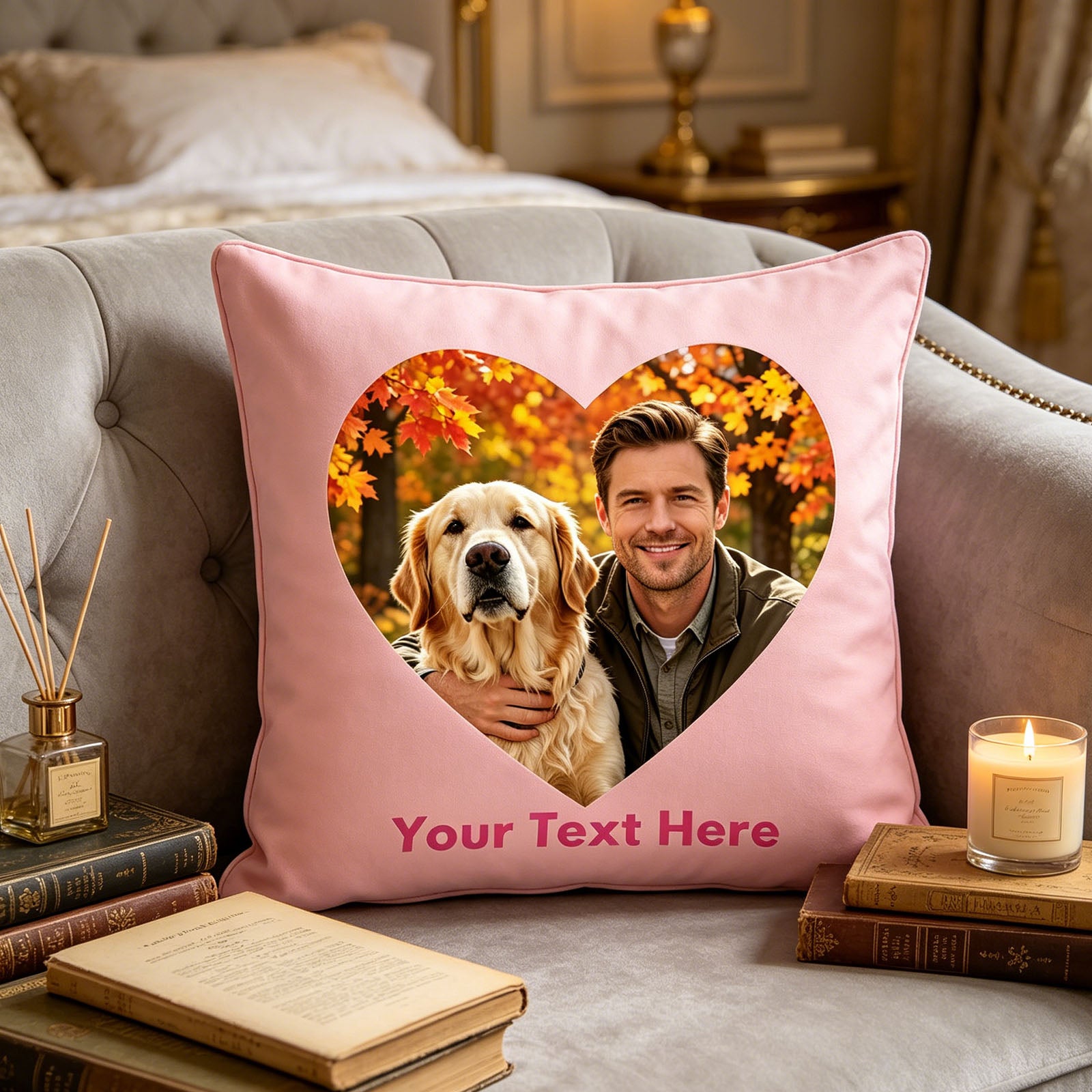 Custom Photo Pillow Cover on Gray Tufted Sofa, Personalized Picture Cushion in Cozy Living Room, Custom Pet Photo Throw Pillow for Farmhouse Decor