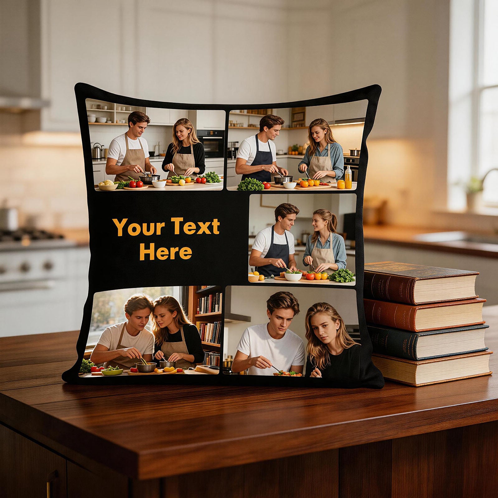 Custom Photo Pillow Cover on Kitchen Countertop, Personalized 5-Image Cushion Cover with Custom Text, Kitchen Decor Throw Pillow