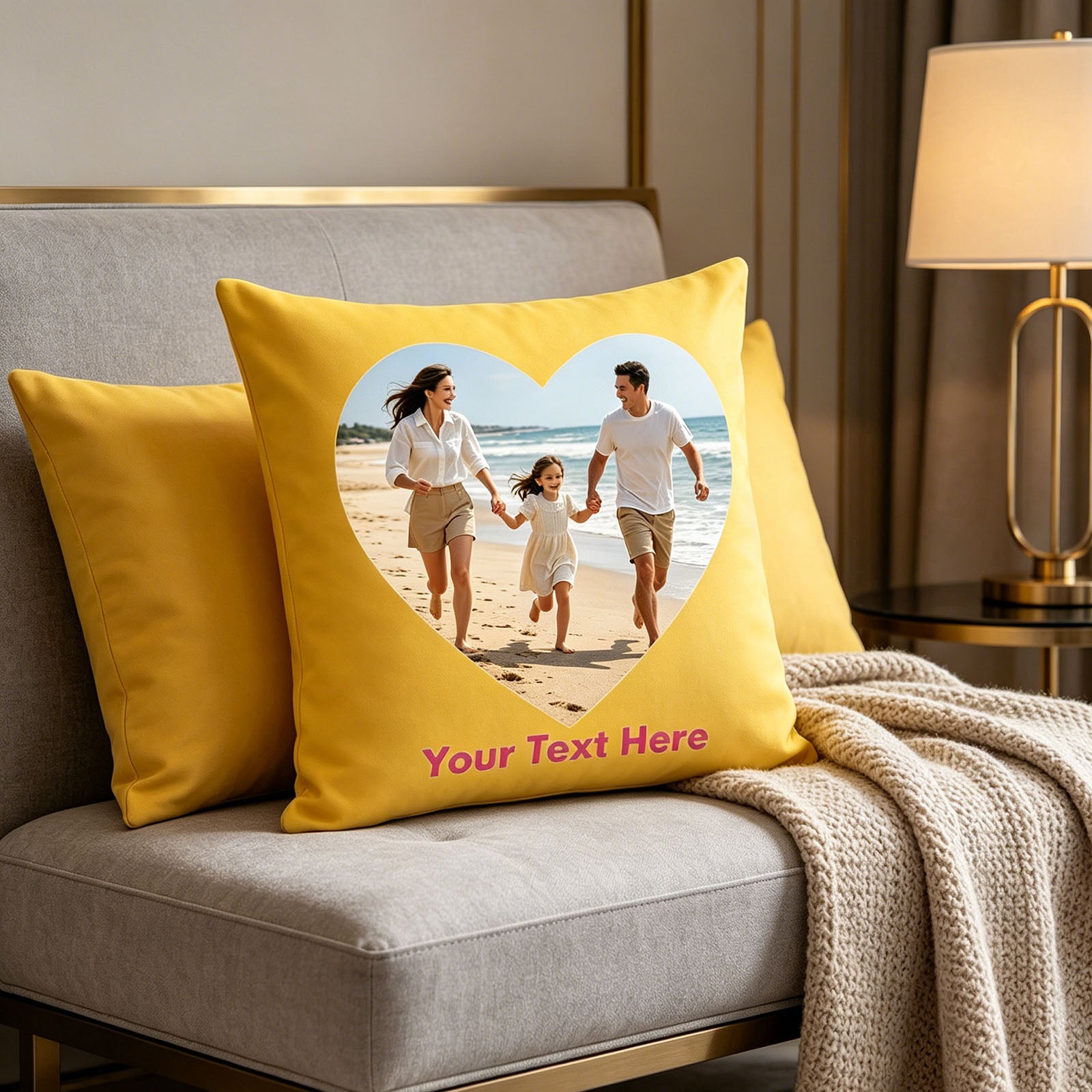 Custom Photo Pillow Cover on Modern Gray Sofa, Personalized Family Beach Vacation Cushion in Contemporary Living Room, Yellow Custom Throw Pillow for Minimalist Home Decor