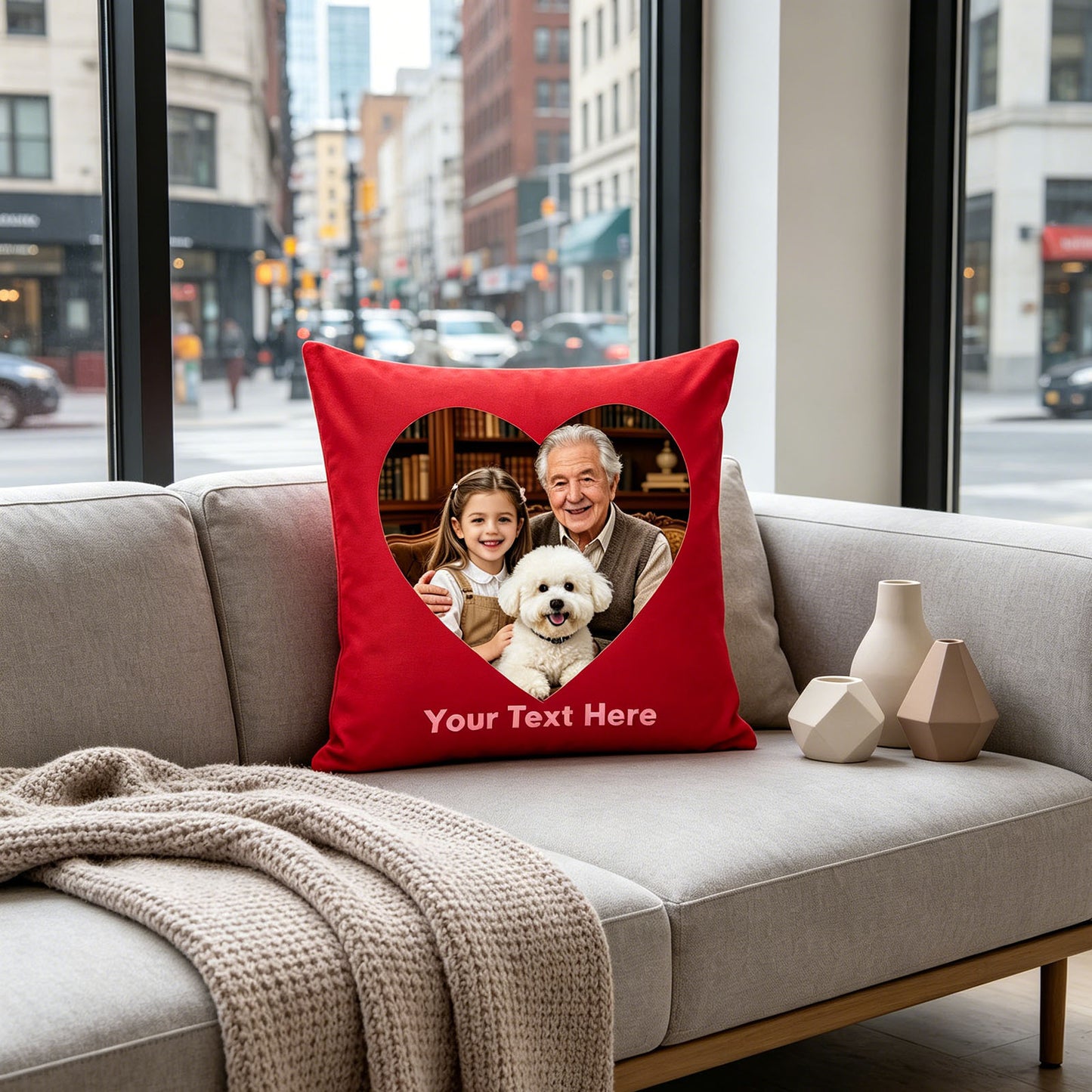 Custom Photo Pillow Cover on Modern Gray Sofa, Personalized Family Memory Cushion in Urban Living Room, Customizable Red Throw Pillow for Contemporary Home Decor