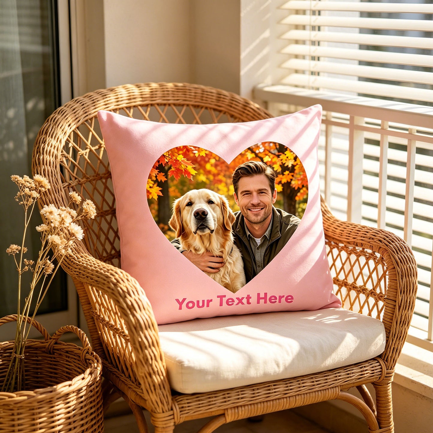 Custom Photo Pillow Cover on Rattan Chair, Personalized Picture Cushion in Sunlit Balcony, Customized Throw Pillow for Boho Home Decor