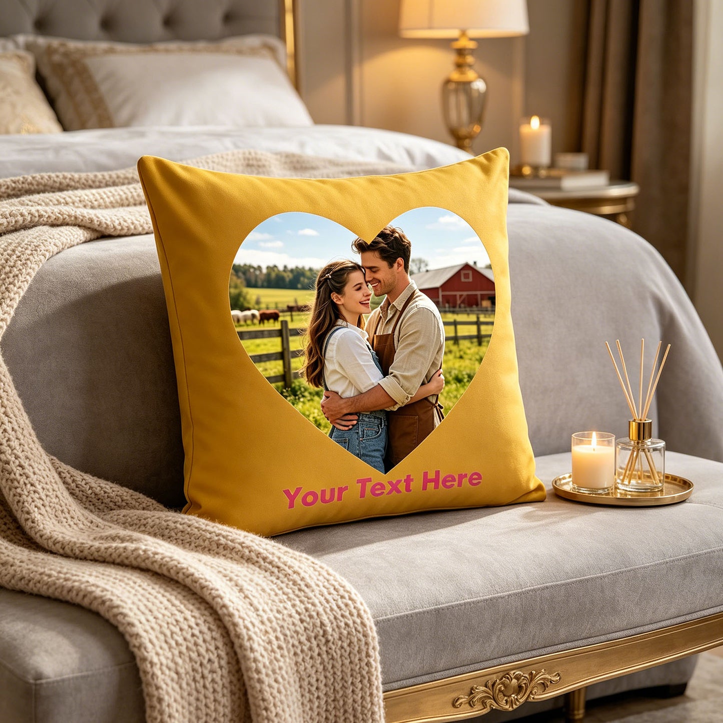Custom Photo Pillow Cover on Tufted Bedroom Bench, Personalized Farm Couple Memory Cushion in Luxury Bedroom, Mustard Yellow Custom Throw Pillow for Romantic Home Decor