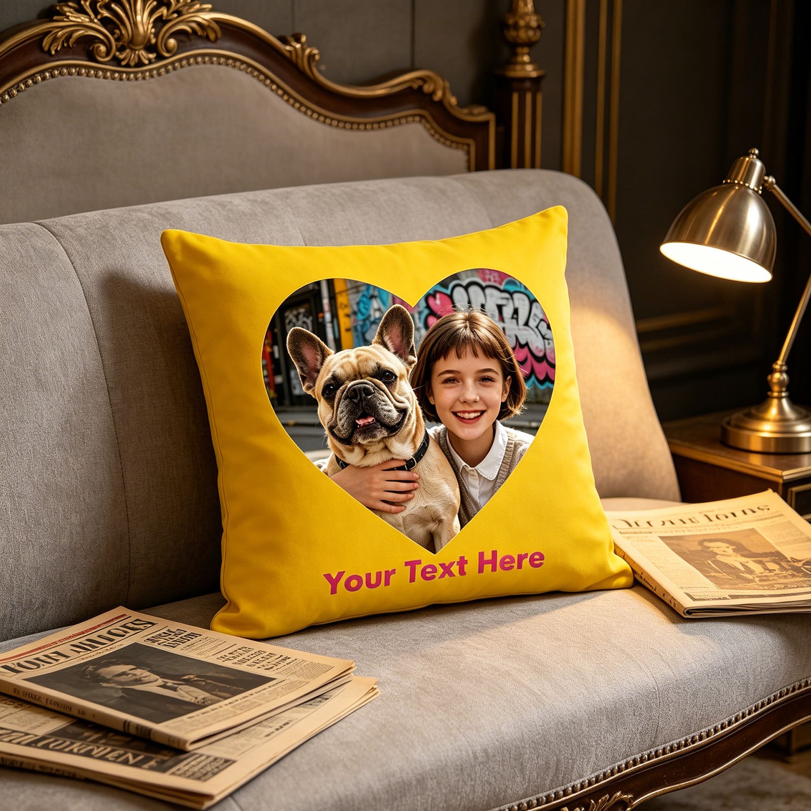 Custom Photo Pillow Cover on Tufted Gray Velvet Sofa, Personalized Kid & French Bulldog Photo Cushion in Elegant Living Room, Yellow Custom Throw Pillow for Luxury Home Decor