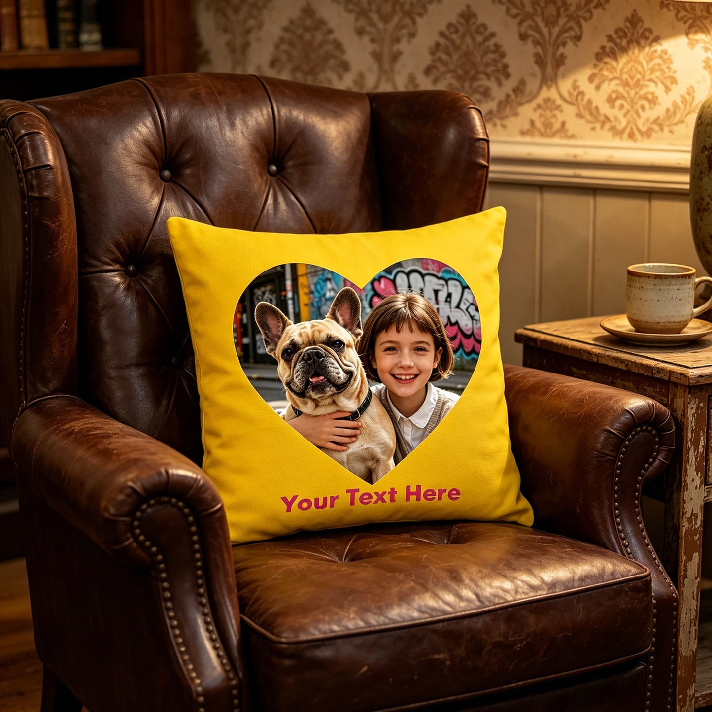 Custom Photo Pillow Cover on Tufted Leather Armchair, Personalized Family & French Bulldog Memory Cushion in Cozy Living Room, Yellow Custom Throw Pillow for Rustic Farmhouse Decor