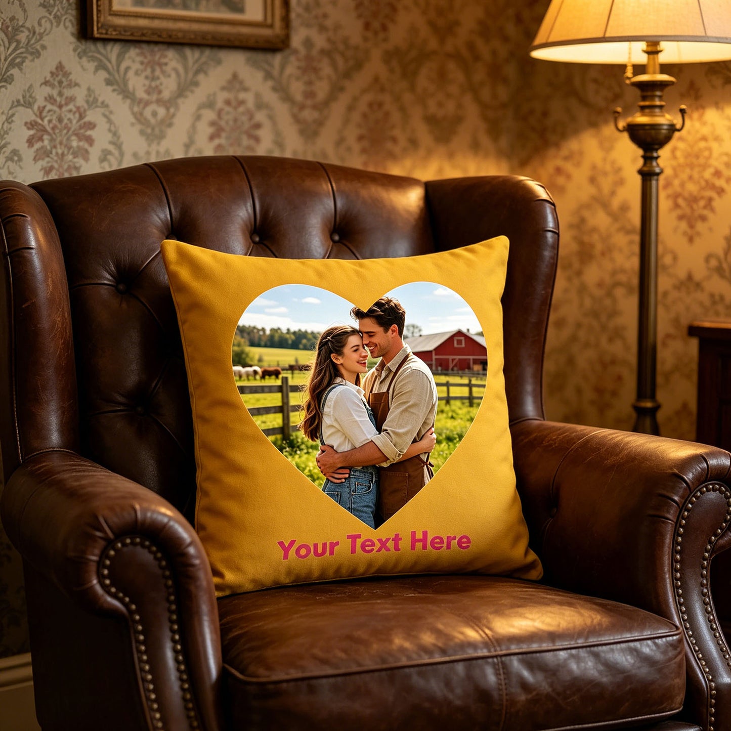 Custom Photo Pillow Cover on Tufted Leather Armchair, Personalized Farm Couple Memory Cushion in Classic Living Room, Mustard Yellow Custom Throw Pillow for Traditional Farmhouse Decor