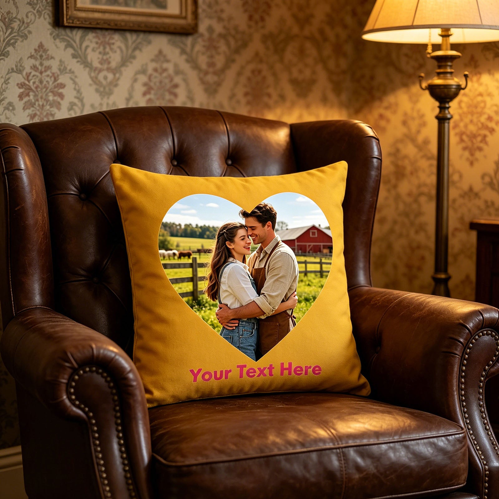Custom Photo Pillow Cover on Tufted Leather Armchair, Personalized Farm Couple Memory Cushion in Classic Living Room, Mustard Yellow Custom Throw Pillow for Traditional Farmhouse Decor