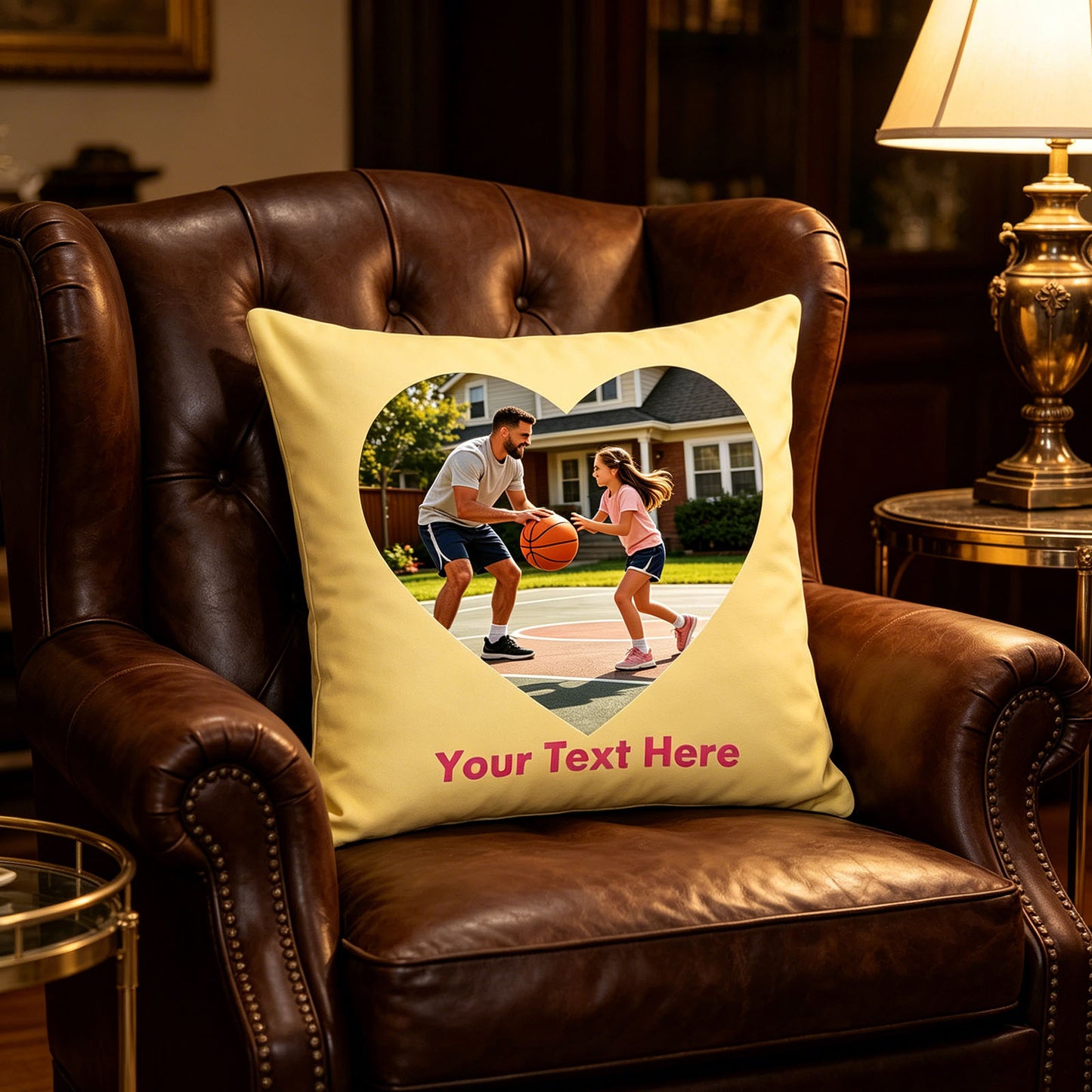 Custom Photo Pillow Cover on Tufted Leather Armchair, Personalized Father-Daughter Basketball Picture Cushion in Classic Living Room, Yellow Custom Throw Pillow for Traditional Home Decor