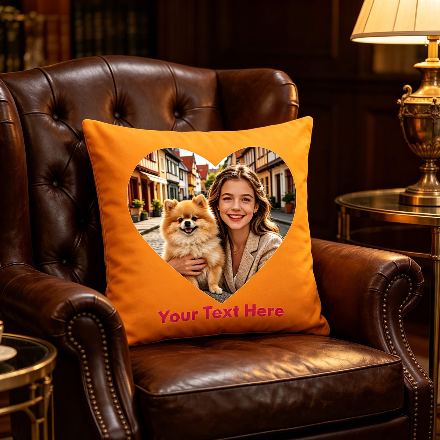 Custom Photo Pillow Cover on Tufted Leather Armchair, Personalized Woman & Pomeranian Memory Cushion in Classic Home Library, Orange Custom Throw Pillow for Traditional Home Decor