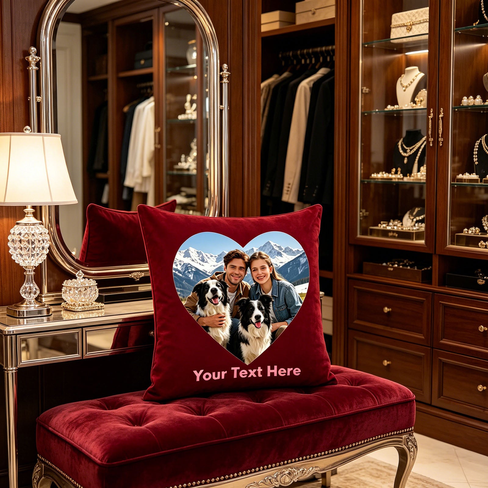 Custom Photo Pillow Cover on Tufted Velvet Bench, Personalized Couple & Dog Memory Cushion in Luxury Walk-In Closet, Burgundy Custom Throw Pillow for Elegant Home Decor