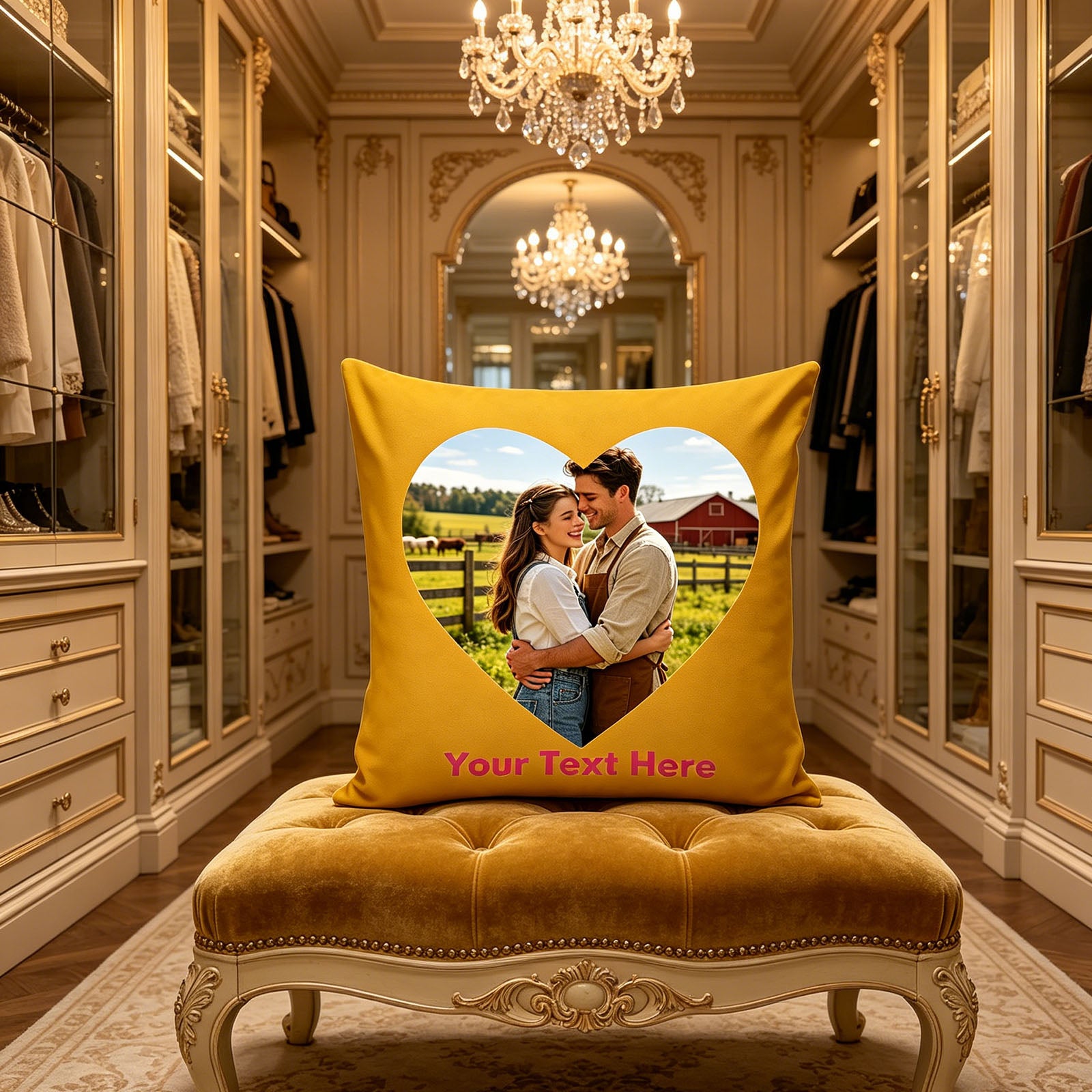 Custom Photo Pillow Cover on Tufted Velvet Bench, Personalized Farm Couple Picture Cushion in Elegant Walk-In Closet, Mustard Yellow Custom Throw Pillow for Chic Countryside Home Decor