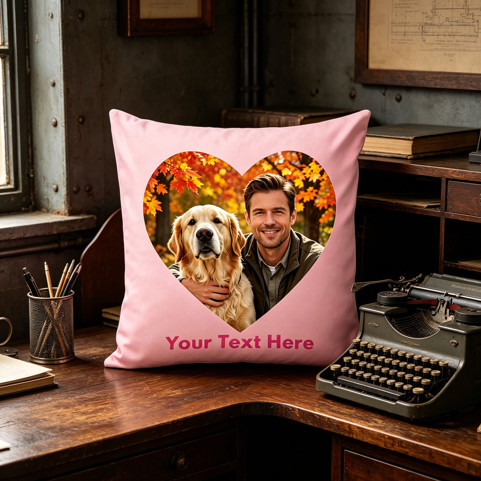 Custom Photo Pillow Cover on Vintage Wooden Desk, Personalized Picture Cushion in Industrial Office, Customized Throw Pillow for Home Office Decor