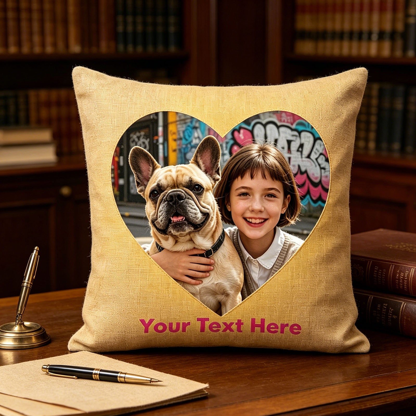 Custom Photo Pillow Cover on Vintage Wooden Desk, Personalized Kid & French Bulldog Picture Cushion in Classic Library, Yellow Custom Throw Pillow for Traditional Home Office Decor