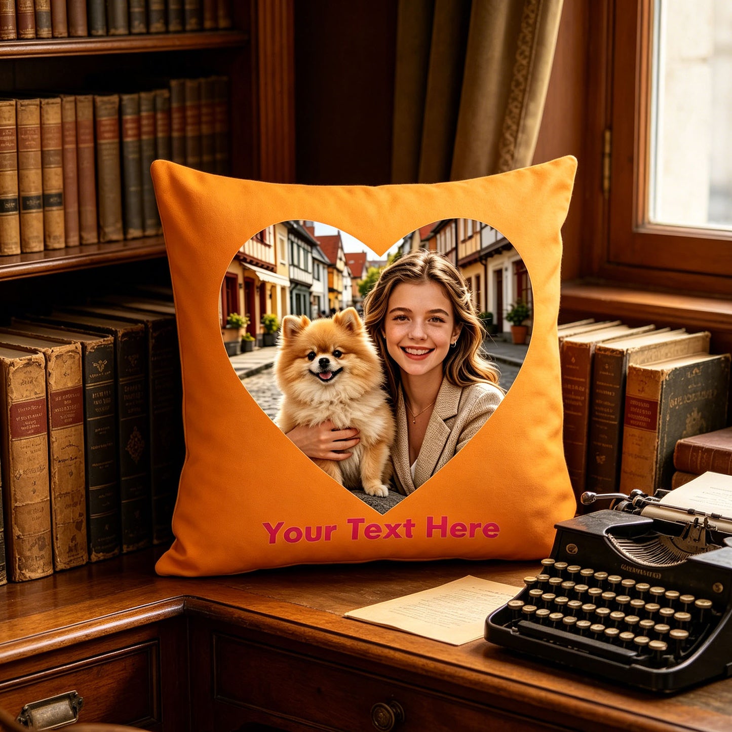 Custom Photo Pillow Cover on Vintage Wooden Desk, Personalized Woman & Pomeranian Photo Cushion in Rustic Study Room, Orange Custom Throw Pillow for Cozy Home Office Decor