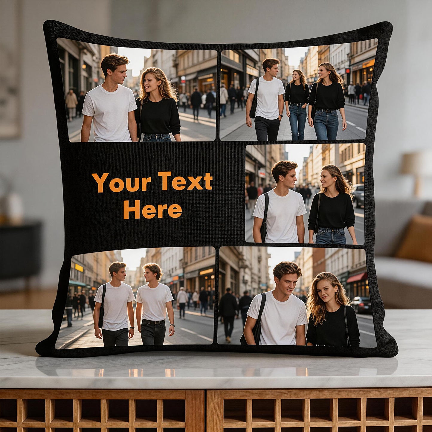 Custom Travel Memory Pillow Cover on Vintage Suitcase, Personalized 5-Image Collage Cushion Cover with Custom Text, Wanderlust Bedroom Decor Throw Pillow