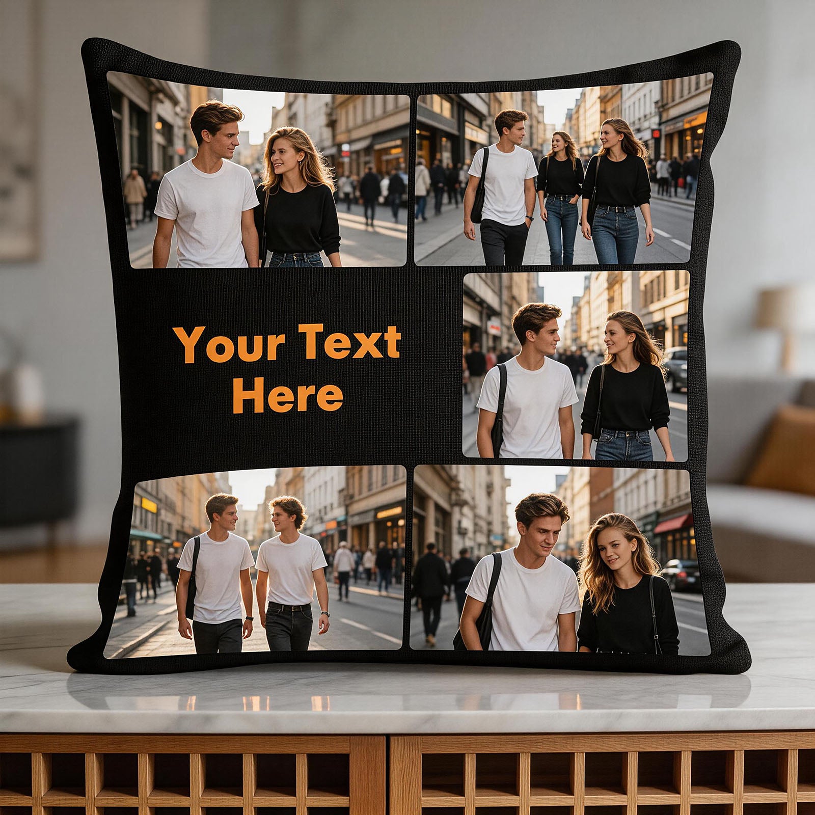 Custom Travel Memory Pillow Cover on Vintage Suitcase, Personalized 5-Image Collage Cushion Cover with Custom Text, Wanderlust Bedroom Decor Throw Pillow