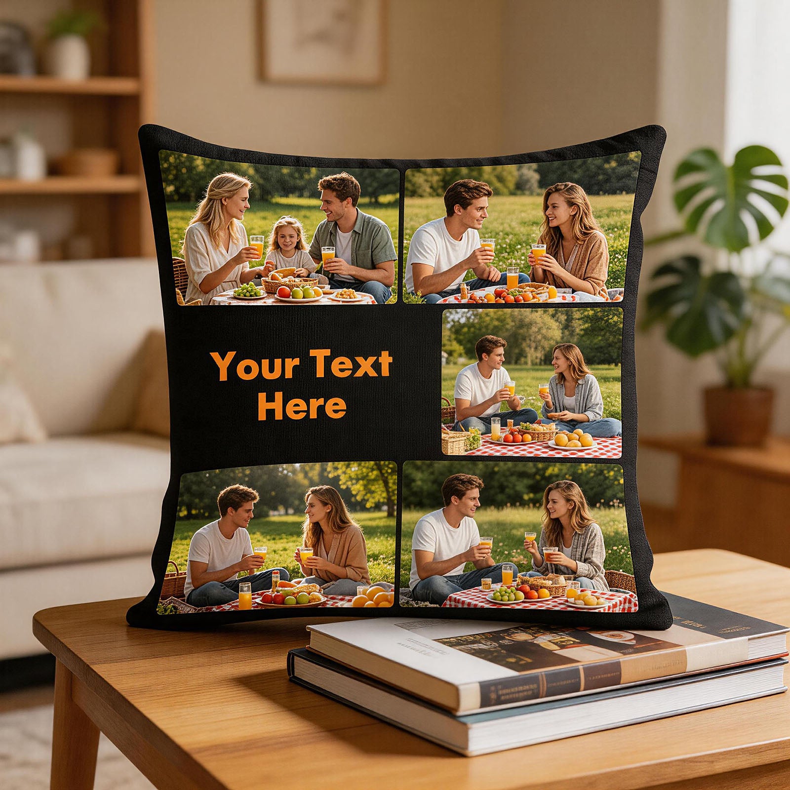 Custom memory pillow cover with collage family pictures on coffee table, elegant personalized throw pillow for modern home decoration and sentimental gift ideas