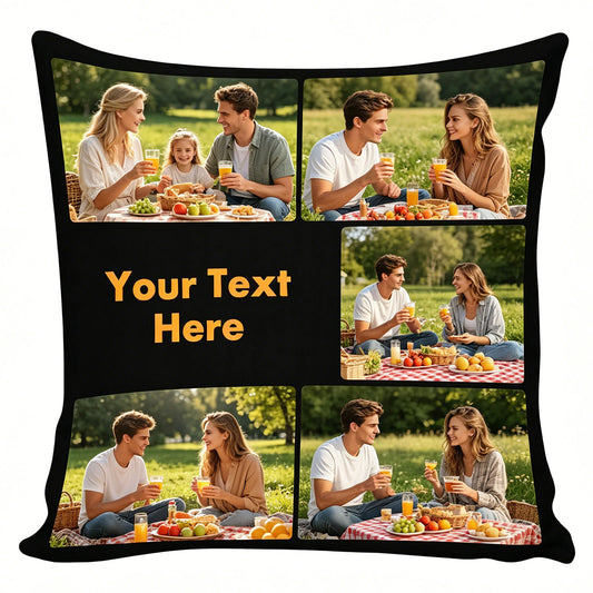 Custom photo pillow cover with personalized text and family picnic collage design, black decorative throw pillow case for sofa, couch, bedroom, anniversary gift for couples and families