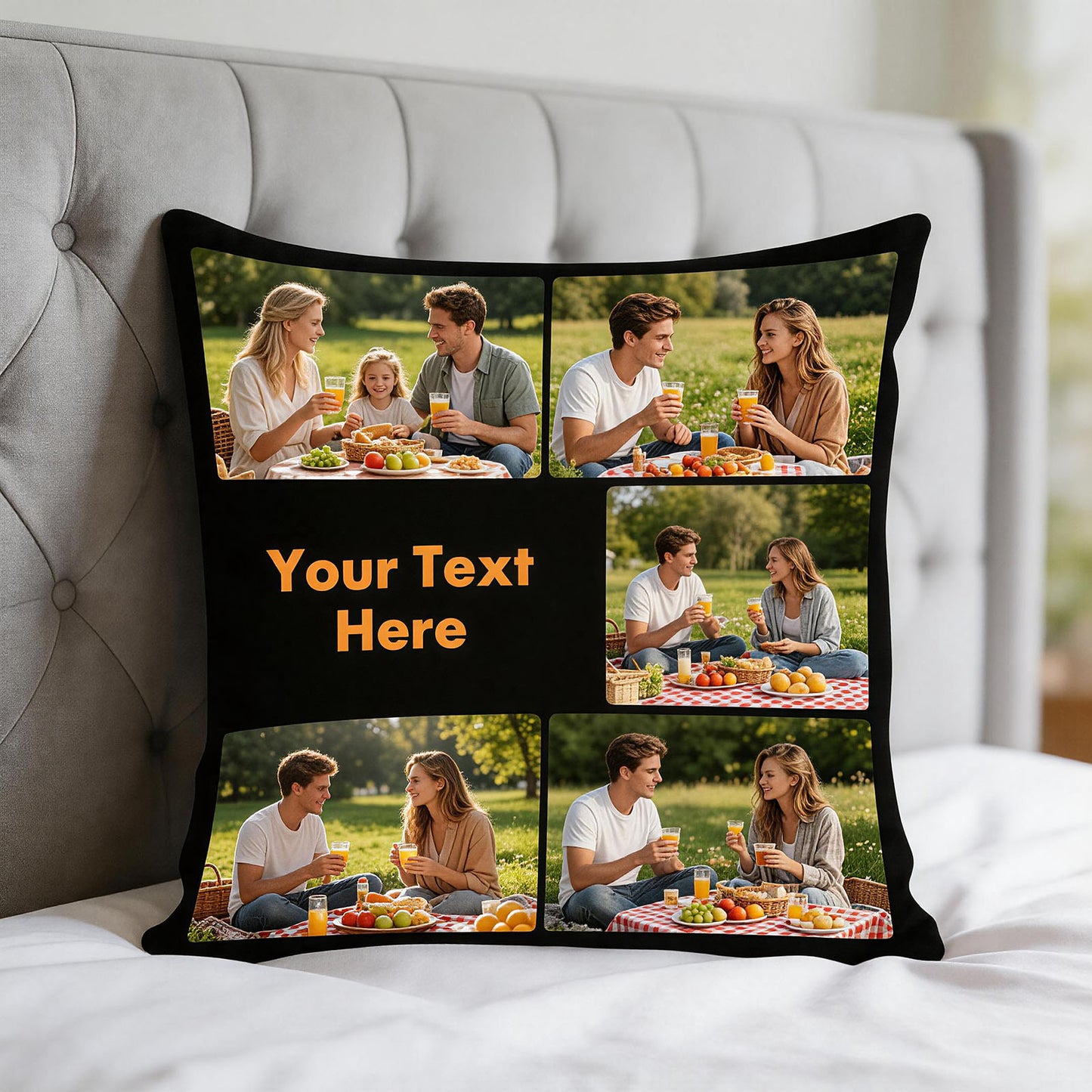 Custom picture pillow cover on luxury bed, personalized family photo throw pillow for cozy bedroom décor, romantic keepsake gift for couples and parents