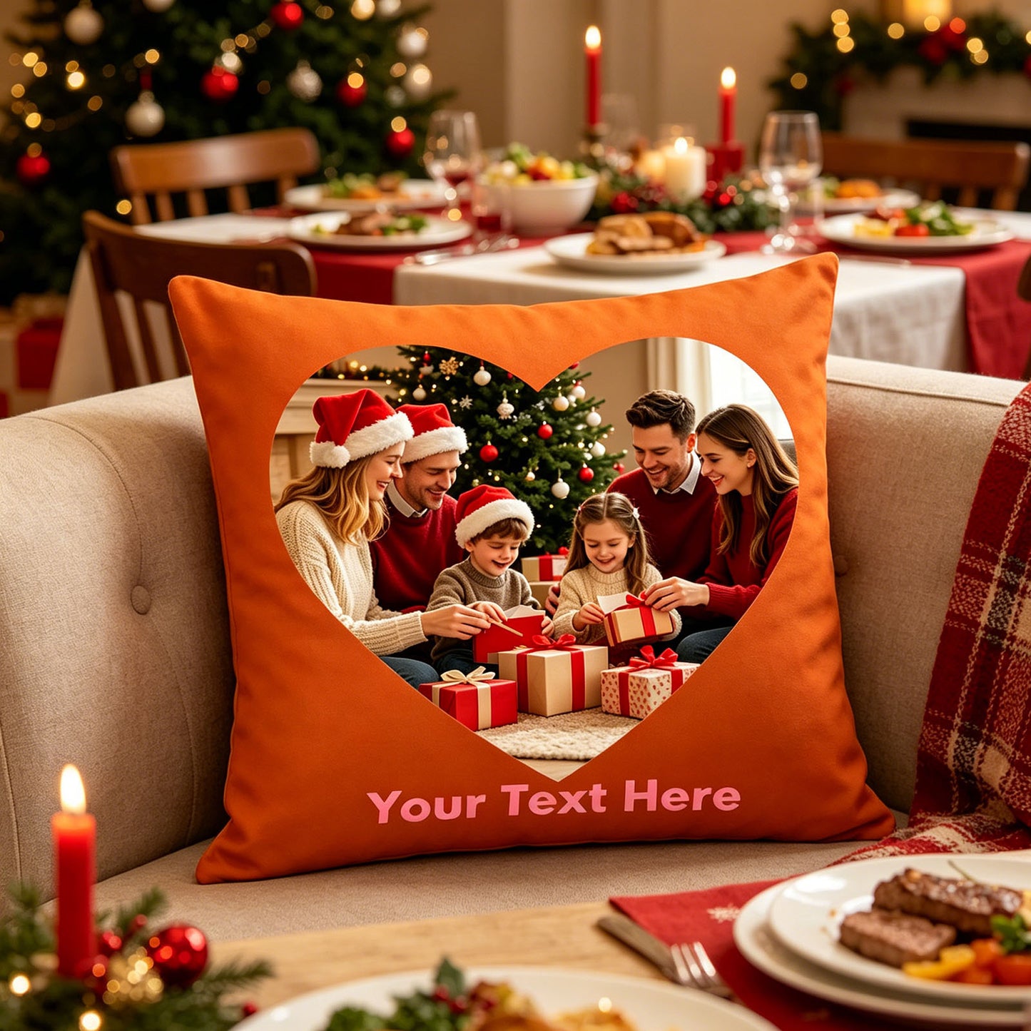 Personalized Christmas Photo Pillow Cover on Sofa by Holiday Dinner Table, Custom Family Christmas Cushion in Cozy Dining Area, Orange Custom Throw Pillow for Festive Gathering Decor