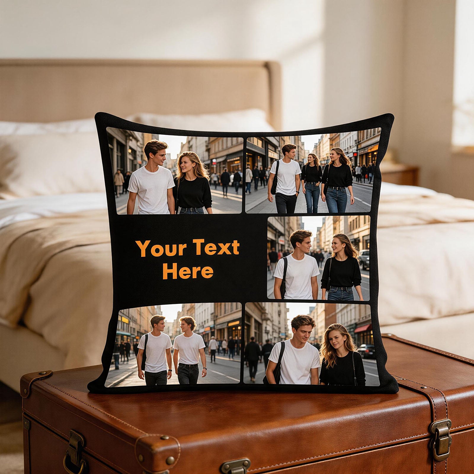 Personalized City Walk Photo Pillow Cover on Tufted Bed, Custom 5-Picture Collage Cushion Cover with Custom Text, Cozy Bedroom Throw Pillow