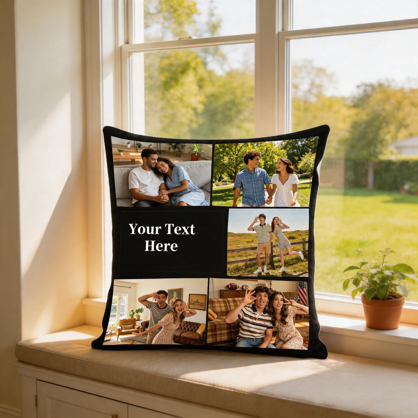 Personalized Photo Pillow Cover on Window Sill, Custom 5-Picture Collage Cushion Cover with Custom Text, Cozy Home Decor Throw Pillow, 18x18 Inch