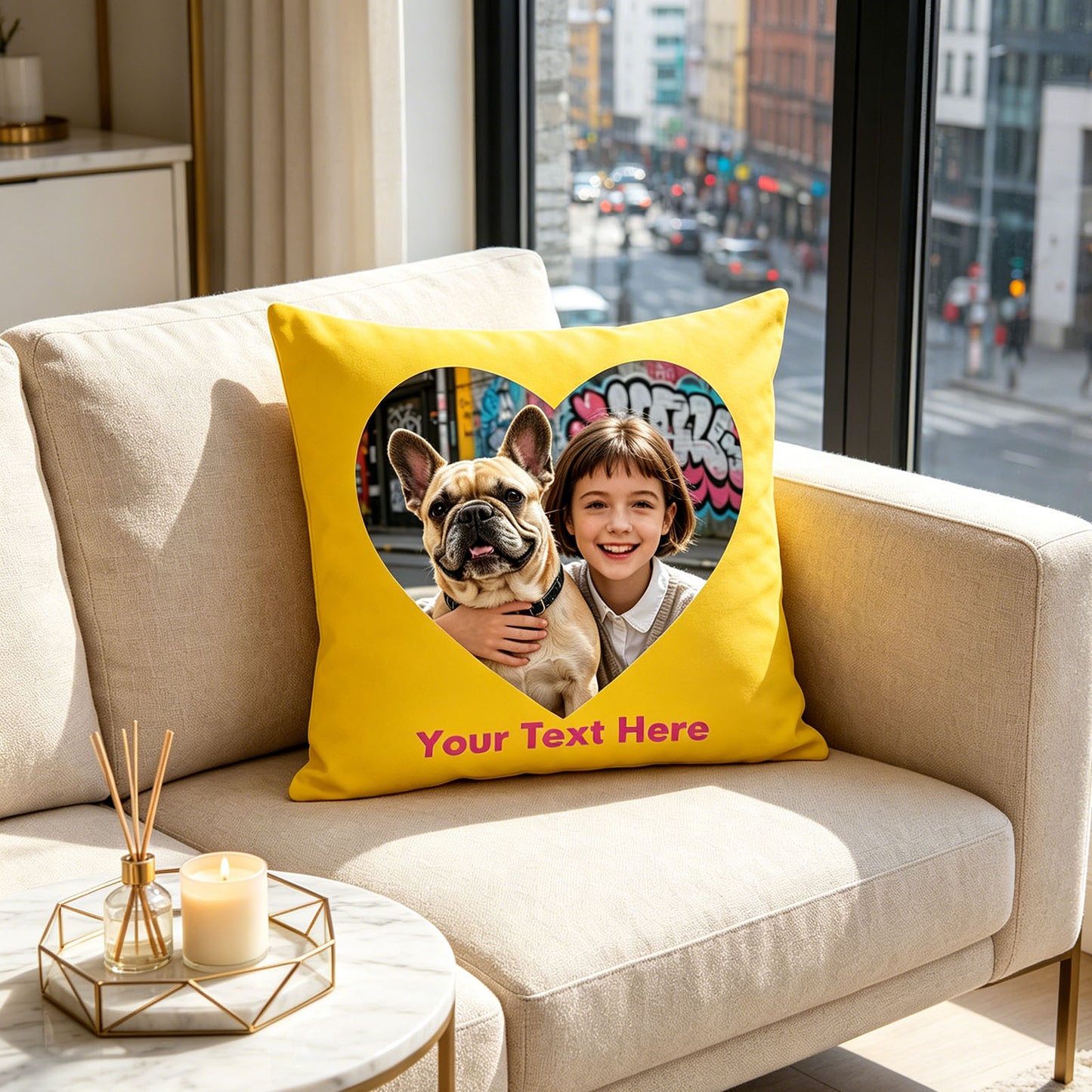 Personalized Photo Pillow Cover on Beige Modern Sofa, Custom Kid & French Bulldog Picture Cushion in City Apartment, Bright Yellow Custom Throw Pillow for Contemporary Home Decor