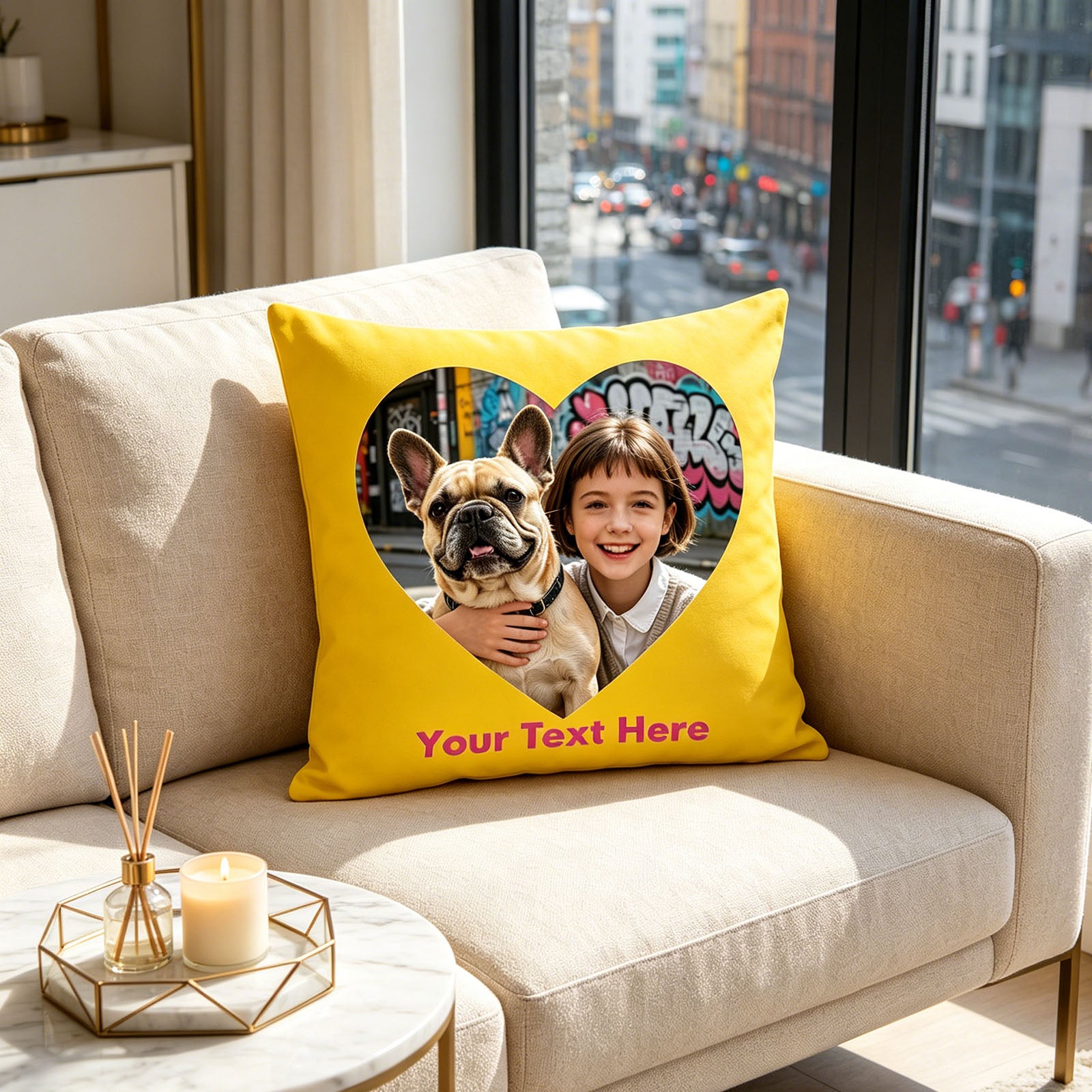 Personalized Photo Pillow Cover on Beige Modern Sofa, Custom Kid & French Bulldog Picture Cushion in City Apartment, Bright Yellow Custom Throw Pillow for Contemporary Home Decor