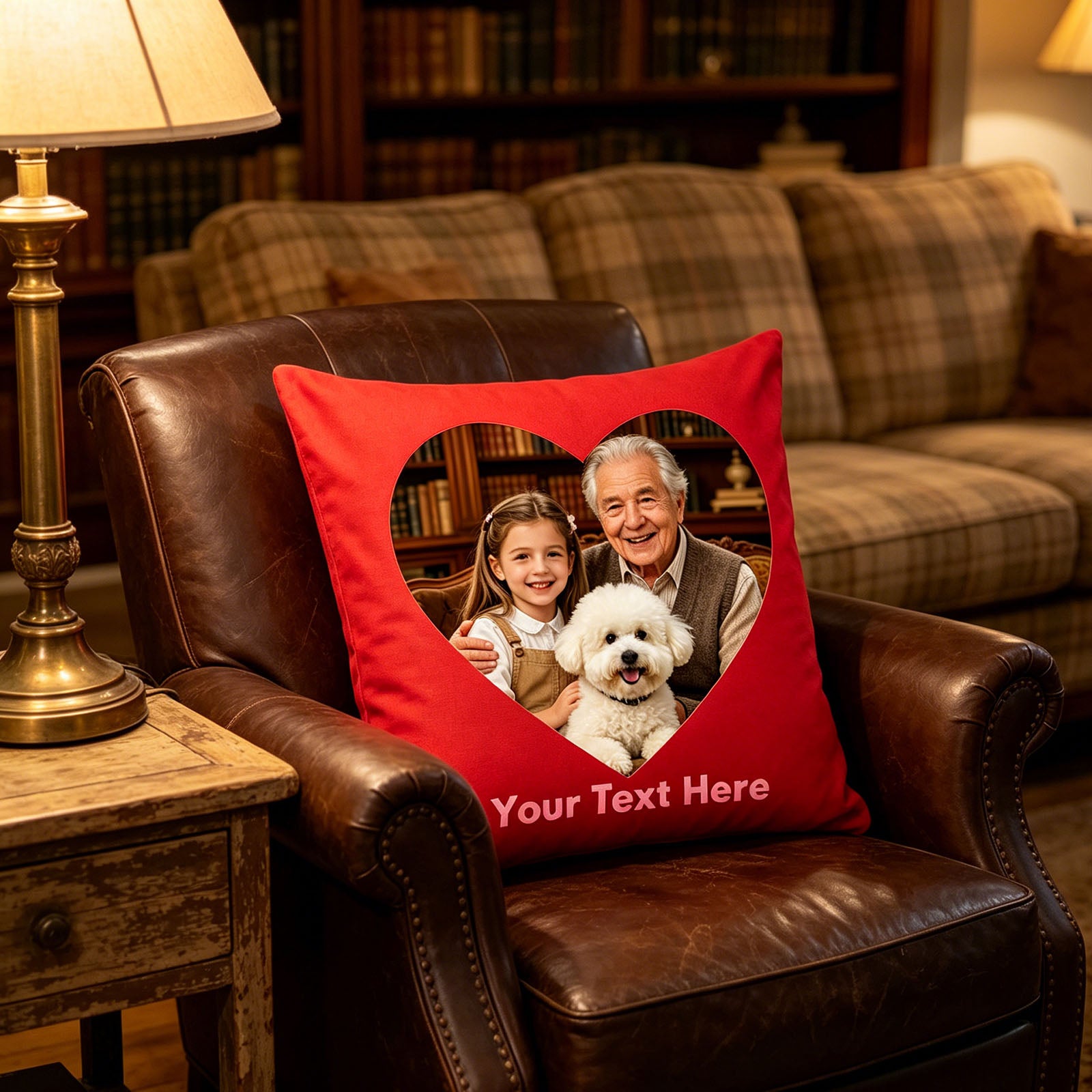 Personalized Photo Pillow Cover on Brown Leather Armchair, Custom Grandparent & Grandchild Photo Cushion in Cozy Living Room, Red Custom Throw Pillow for Rustic Farmhouse Decor