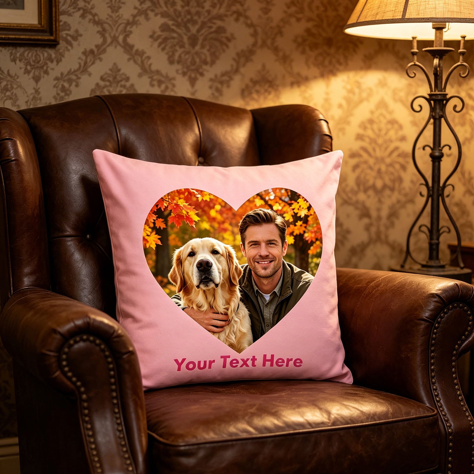 Personalized Photo Pillow Cover on Brown Leather Armchair, Custom Dog Photo Cushion in Vintage Home, Customized Throw Pillow for Rustic Living Room Decor