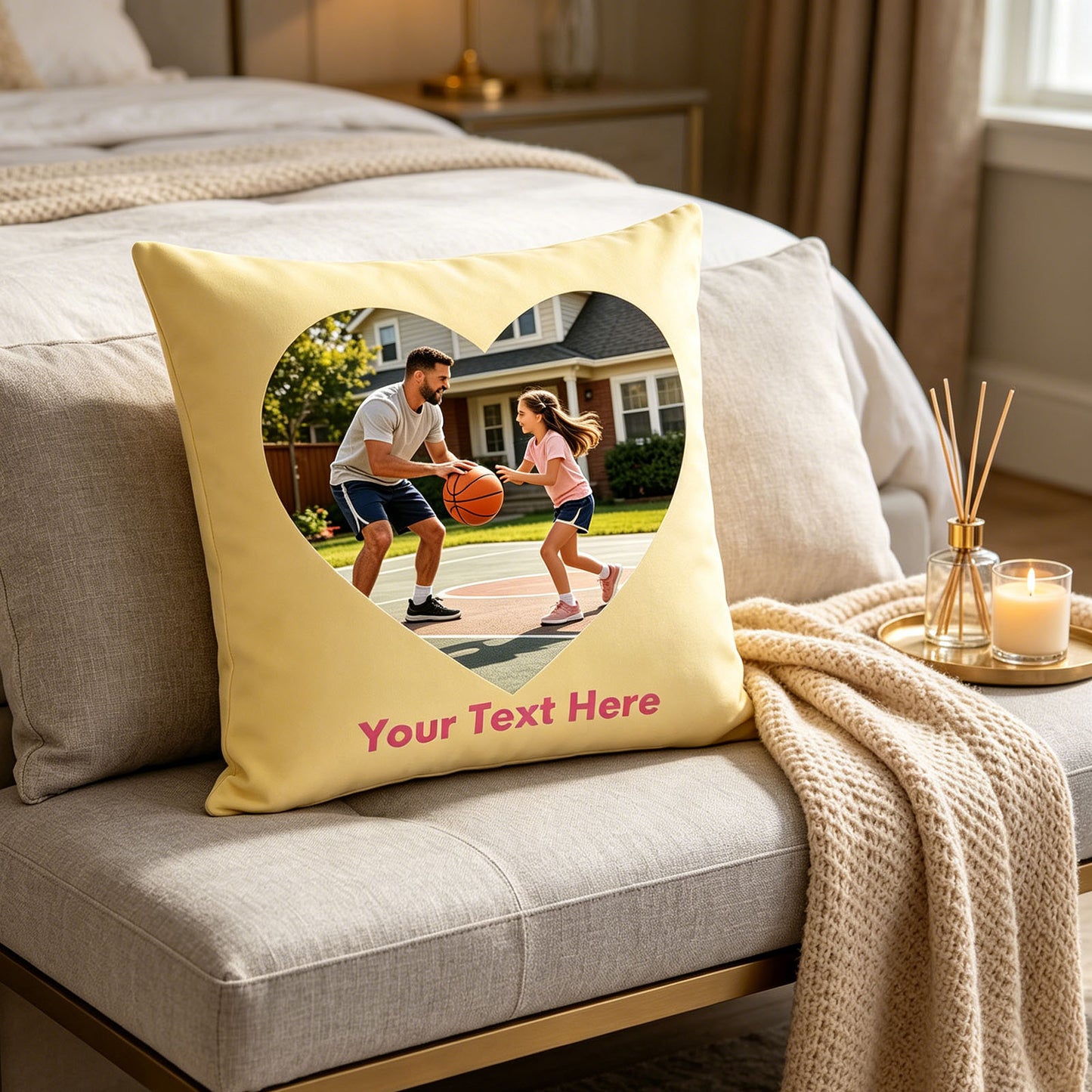 Personalized Photo Pillow Cover on Cozy Bedroom Sofa, Custom Father & Daughter Basketball Photo Cushion in Modern Bedroom, Yellow Custom Throw Pillow for Warm Family Home Decor