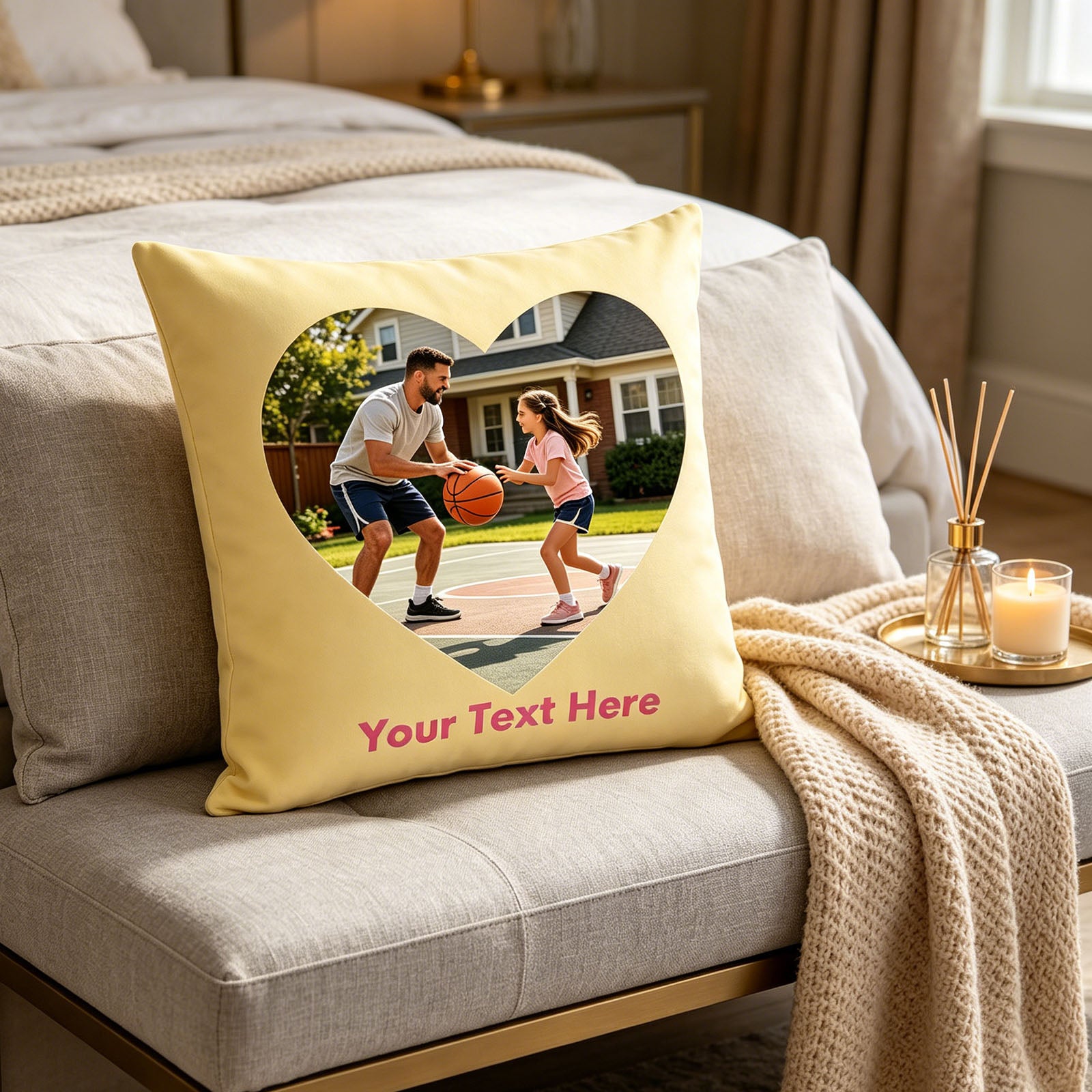 Personalized Photo Pillow Cover on Cozy Bedroom Sofa, Custom Father & Daughter Basketball Photo Cushion in Modern Bedroom, Yellow Custom Throw Pillow for Warm Family Home Decor