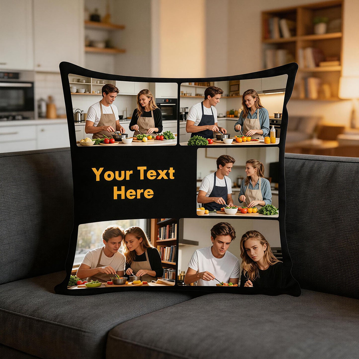 Personalized Photo Pillow Cover on Dark Gray Sofa, Custom 5-Picture Collage Cushion Cover for Living Room Decor