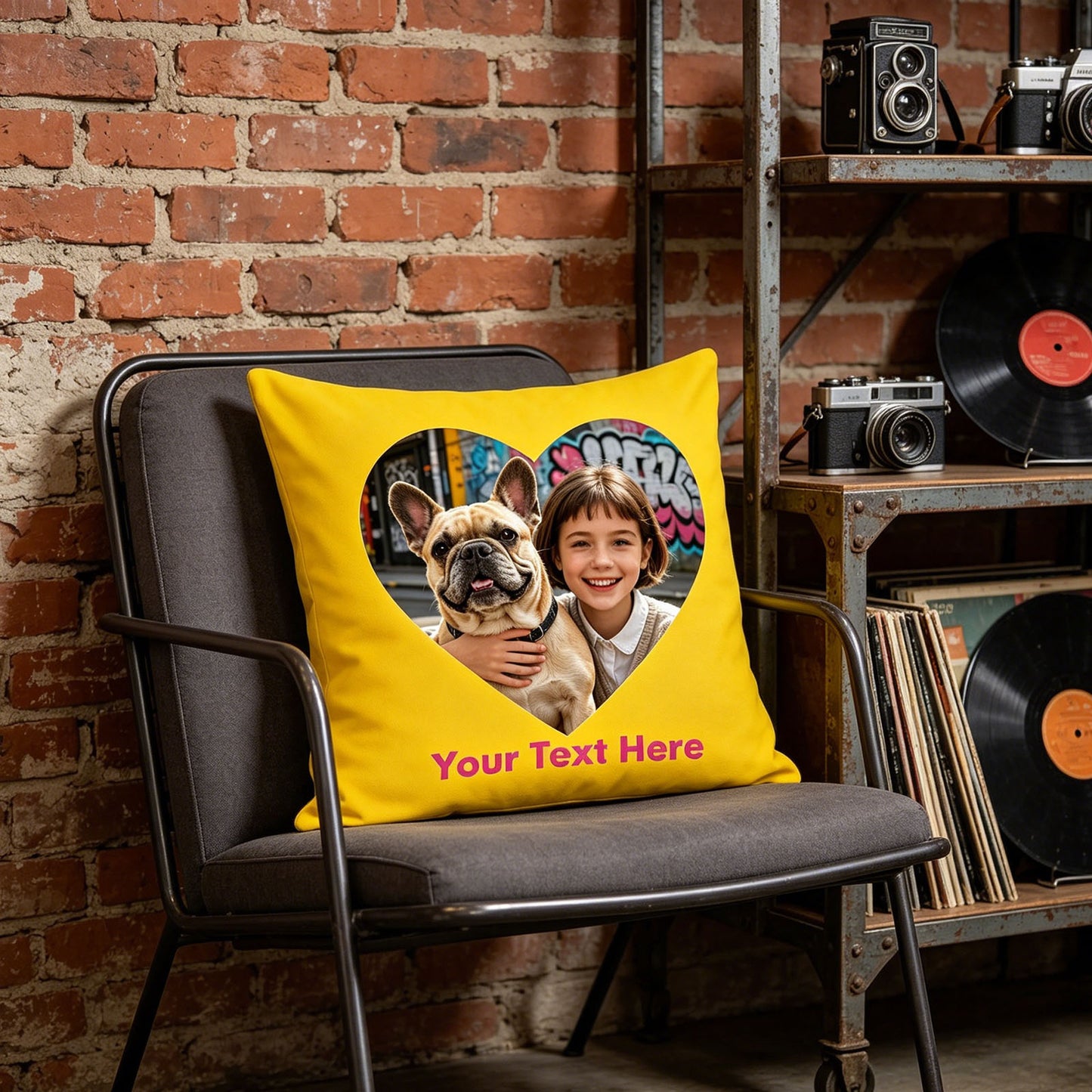 Personalized Photo Pillow Cover on Metal Armchair, Custom Kid & French Bulldog Photo Cushion in Industrial Loft, Bright Yellow Custom Throw Pillow for Urban Rustic Decor
