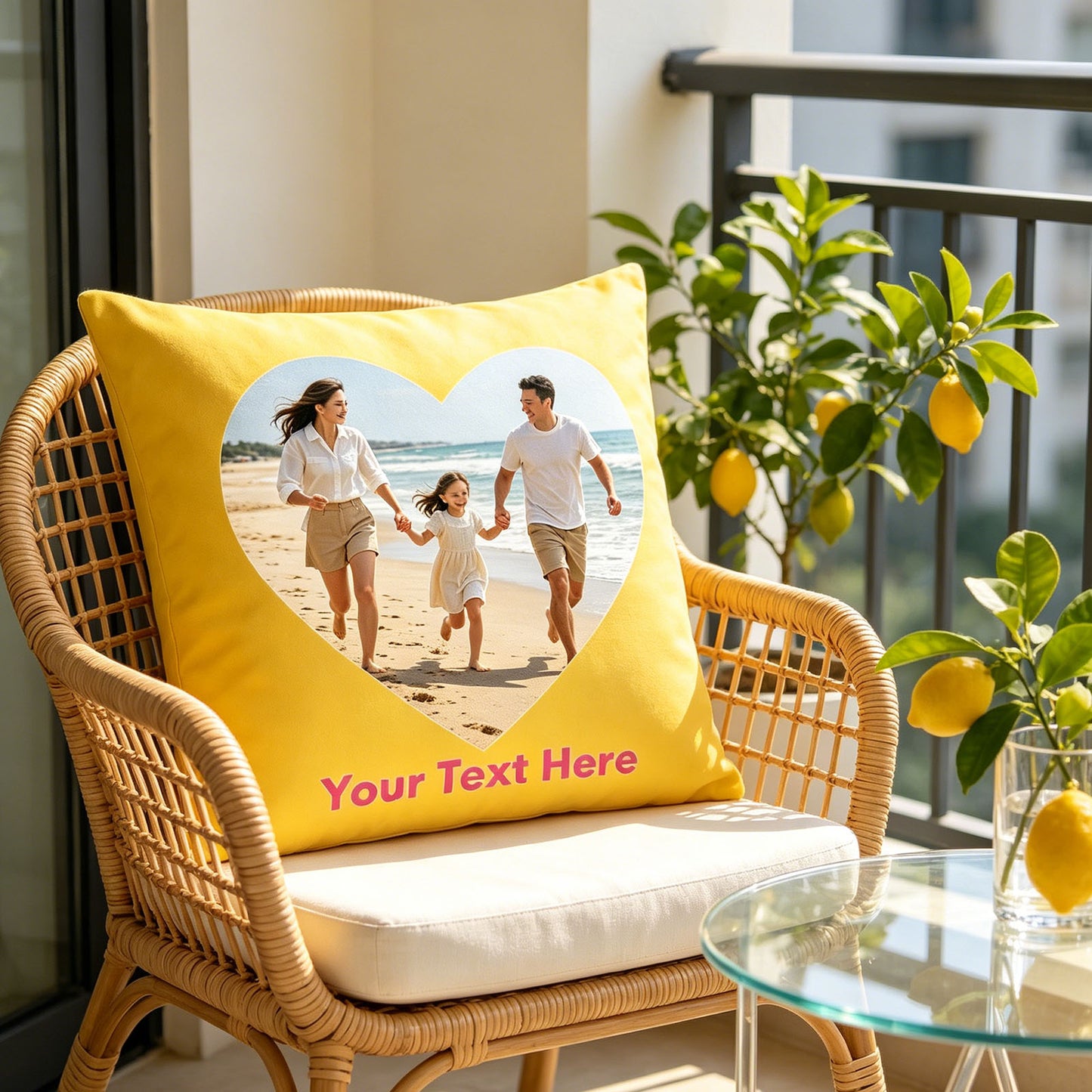 Personalized Photo Pillow Cover on Rattan Balcony Chair, Custom Family Beach Photo Cushion in Sunlit Patio, Bright Yellow Custom Throw Pillow for Tropical Balcony Decor