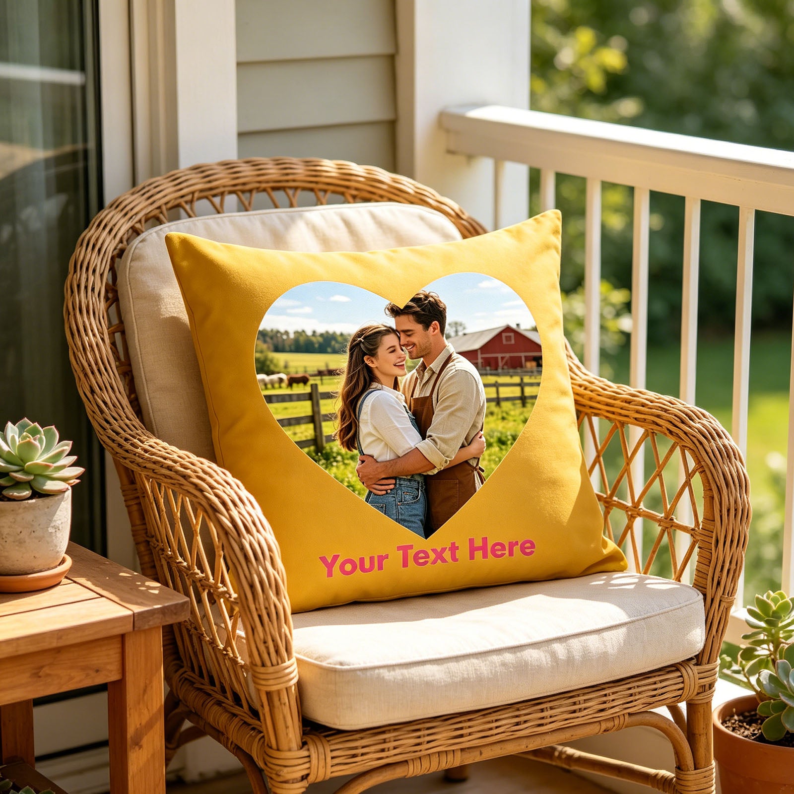 Personalized Photo Pillow Cover on Rattan Patio Chair, Custom Farm Couple Photo Cushion in Sunlit Balcony, Mustard Yellow Custom Throw Pillow for Farmhouse Outdoor Decor