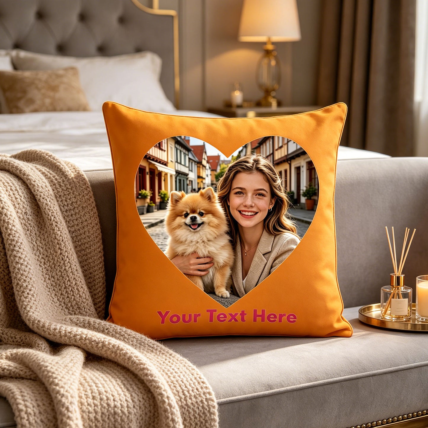 Personalized Photo Pillow Cover on Tufted Gray Sofa, Custom Woman & Pomeranian Photo Cushion in Cozy Master Bedroom, Vibrant Orange Custom Throw Pillow for Modern Bedroom Decor