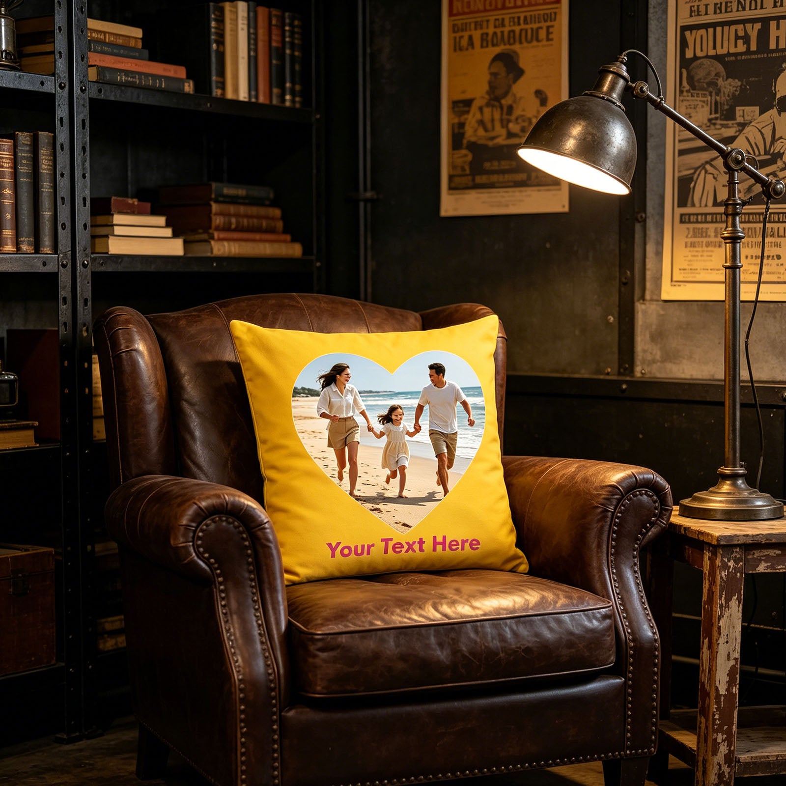 Personalized Photo Pillow Cover on Tufted Leather Armchair, Custom Family Beach Vacation Cushion in Industrial Home Library, Yellow Custom Throw Pillow for Urban Loft Decor