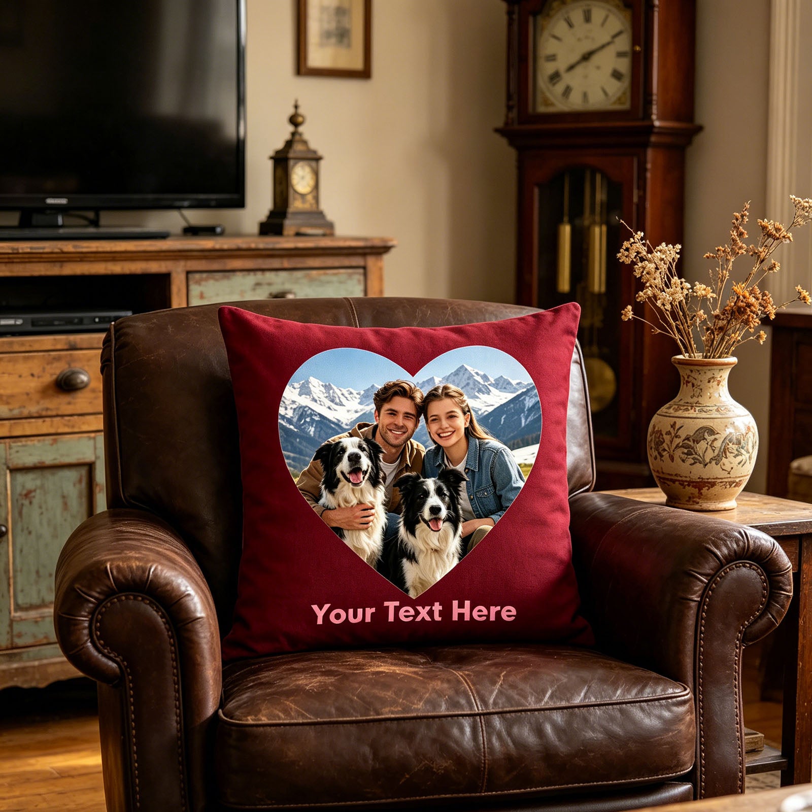 Personalized Photo Pillow Cover on Vintage Leather Armchair, Custom Family & Border Collie Photo Cushion in Rustic Living Room, Burgundy Custom Throw Pillow for Farmhouse Decor