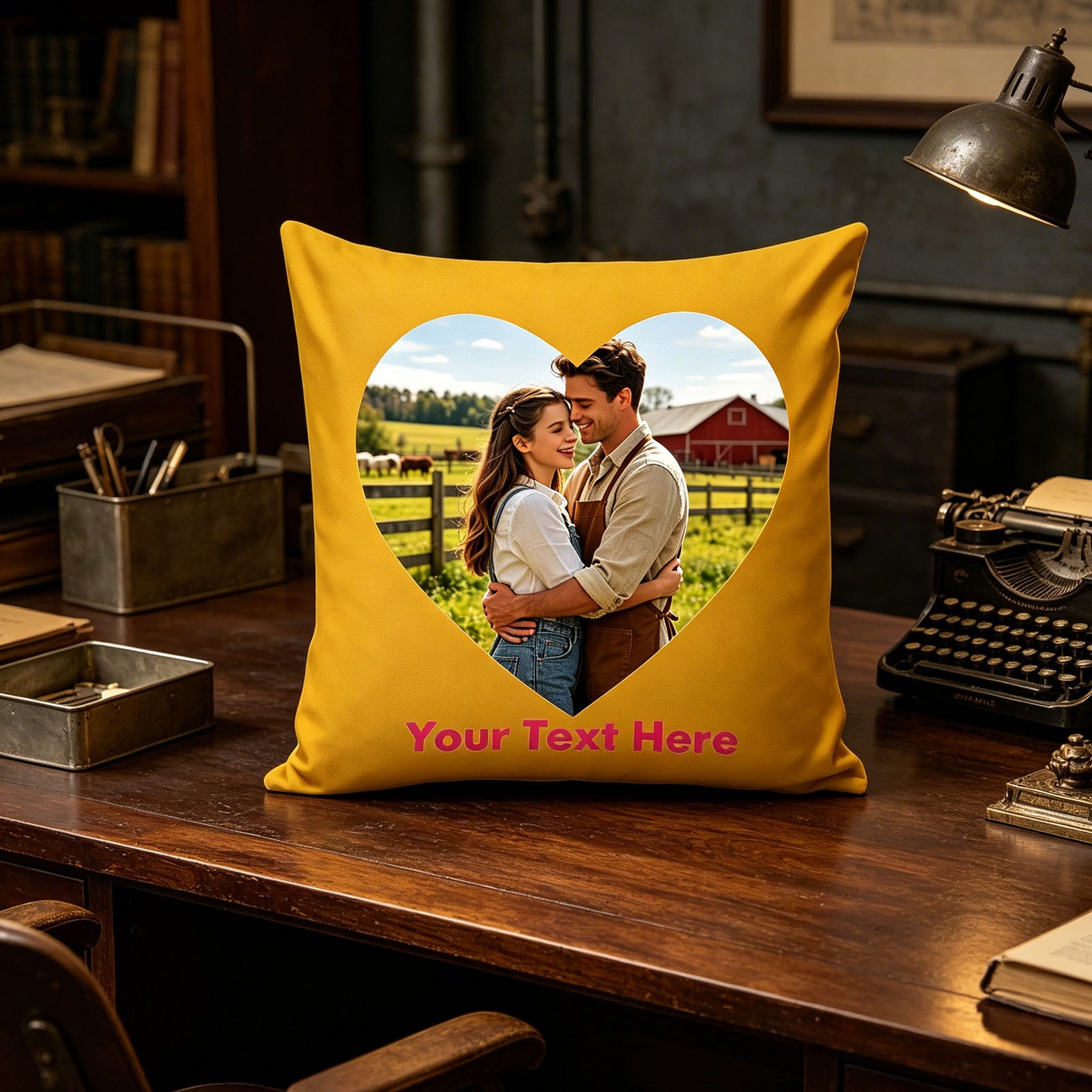 Personalized Photo Pillow Cover on Vintage Wooden Desk, Custom Farm Couple Photo Cushion in Industrial Home Office, Mustard Yellow Custom Throw Pillow for Rustic Study Decor