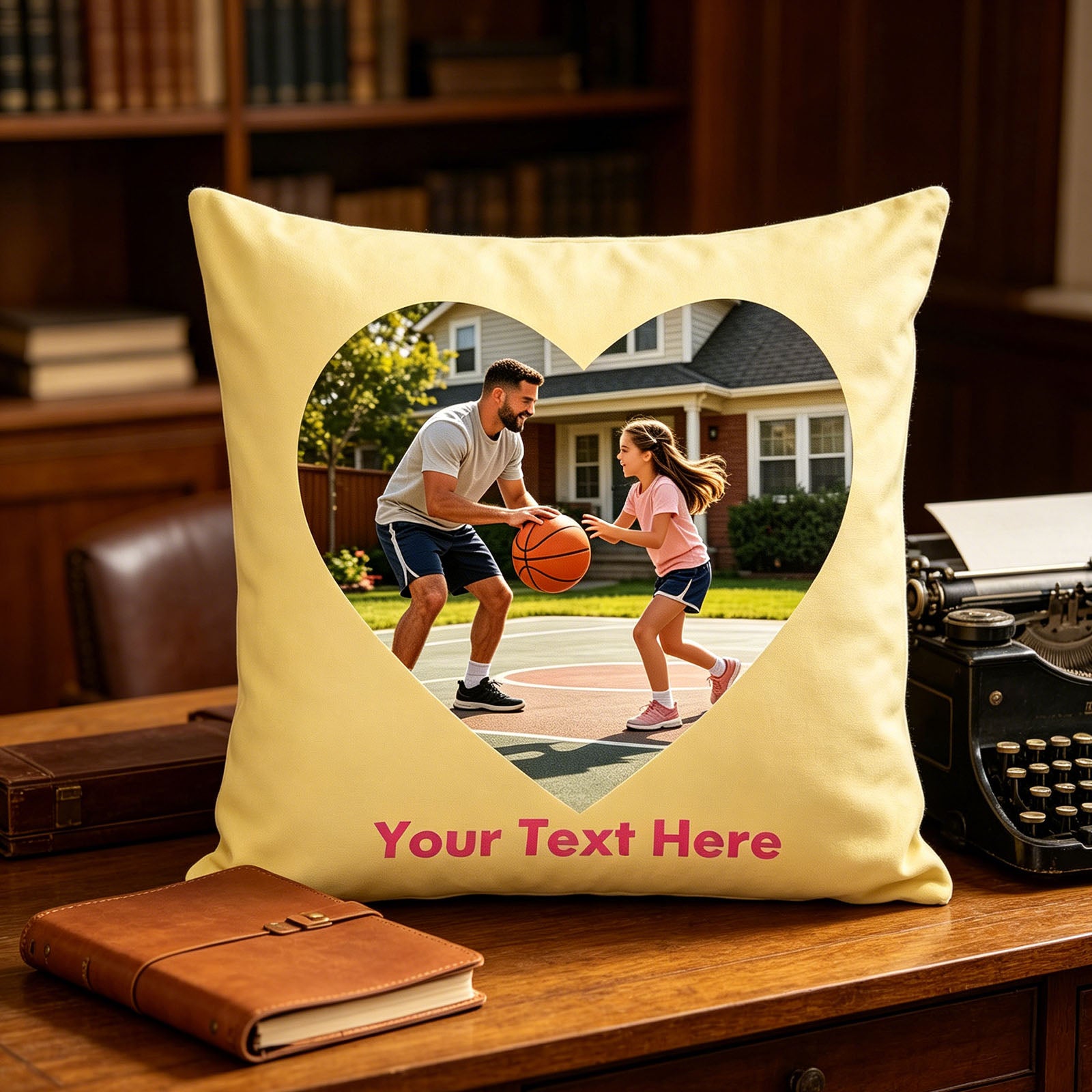 Personalized Photo Pillow Cover on Vintage Wooden Desk, Custom Father-Daughter Basketball Picture Cushion in Home Library, Yellow Custom Throw Pillow for Rustic Study Decor