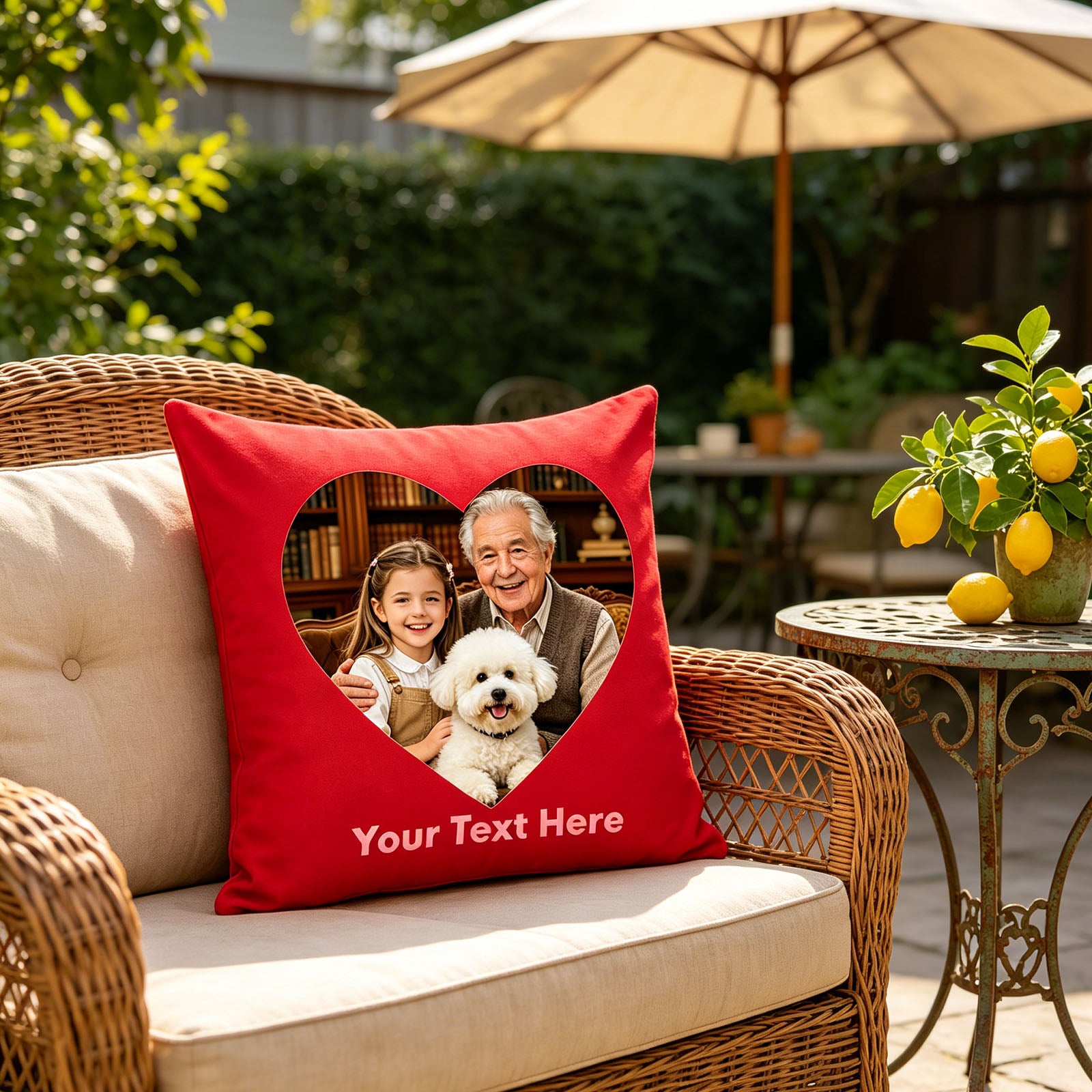 Personalized Photo Pillow Cover on Wicker Patio Chair, Custom Family & Pet Picture Cushion in Backyard, Red Custom Throw Pillow for Outdoor Garden Decor
