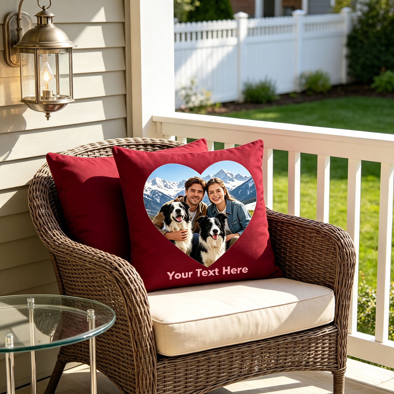 Personalized Photo Pillow Cover on Wicker Patio Chair, Custom Couple & Pet Picture Cushion in Backyard Porch, Burgundy Custom Throw Pillow for Outdoor Farmhouse Decor
