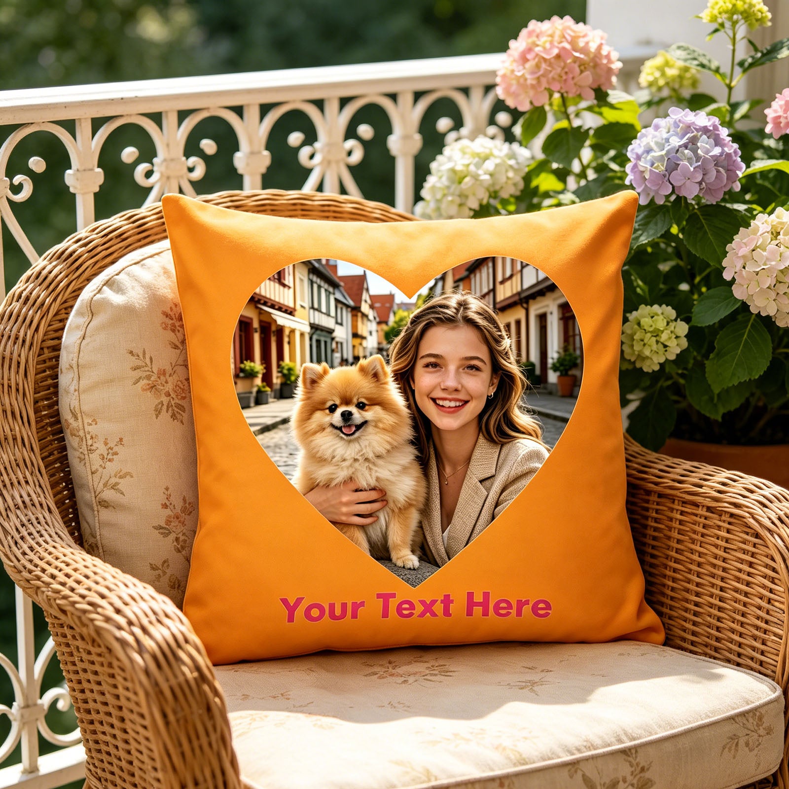 Personalized Photo Pillow Cover on Wicker Patio Chair, Custom Woman & Pomeranian Picture Cushion in Floral Balcony, Vibrant Orange Custom Throw Pillow for Outdoor Garden Decor