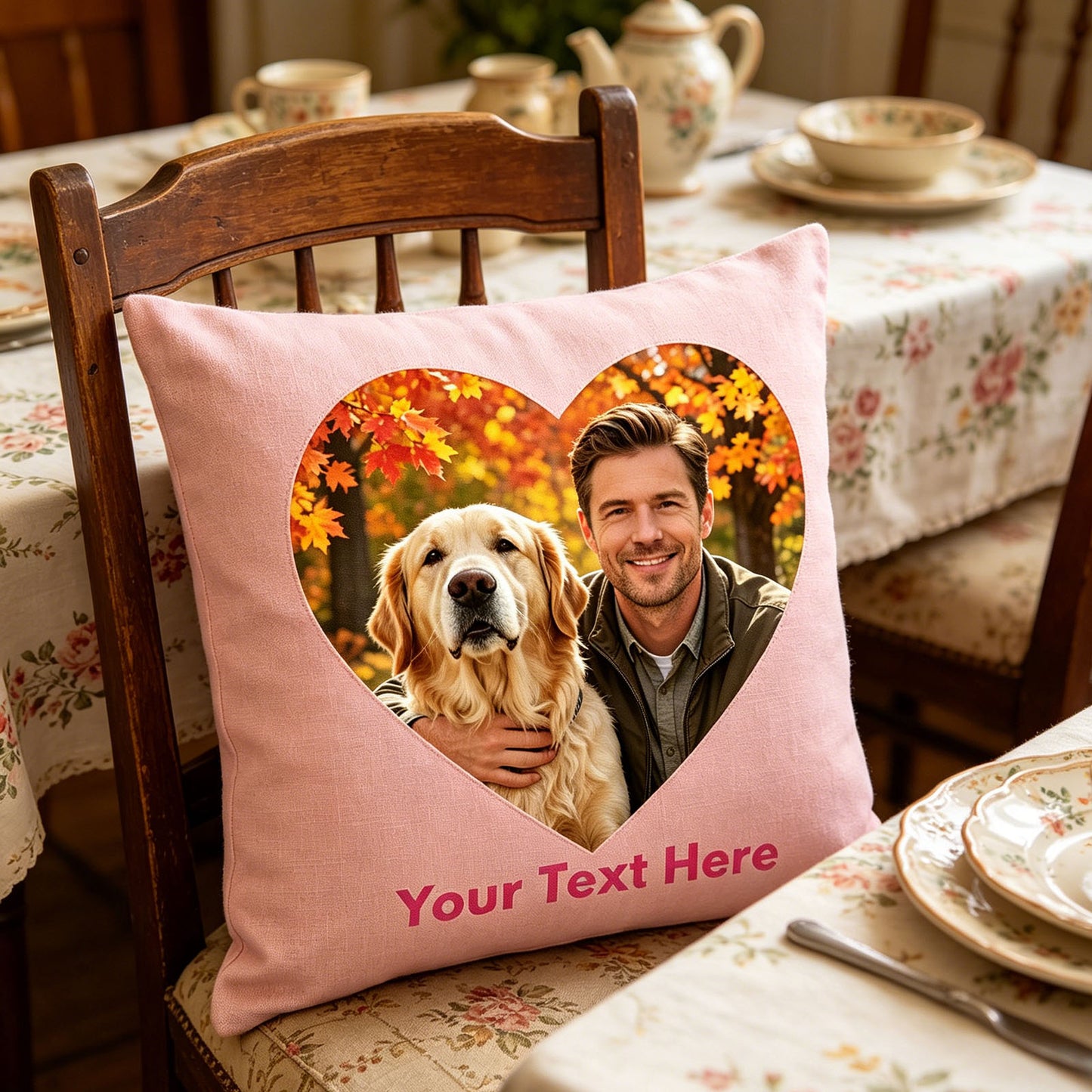 Personalized Photo Pillow Cover on Wooden Dining Chair, Custom Family Photo Cushion in Farmhouse Kitchen, Customized Throw Pillow for Cozy Dining Room Decor