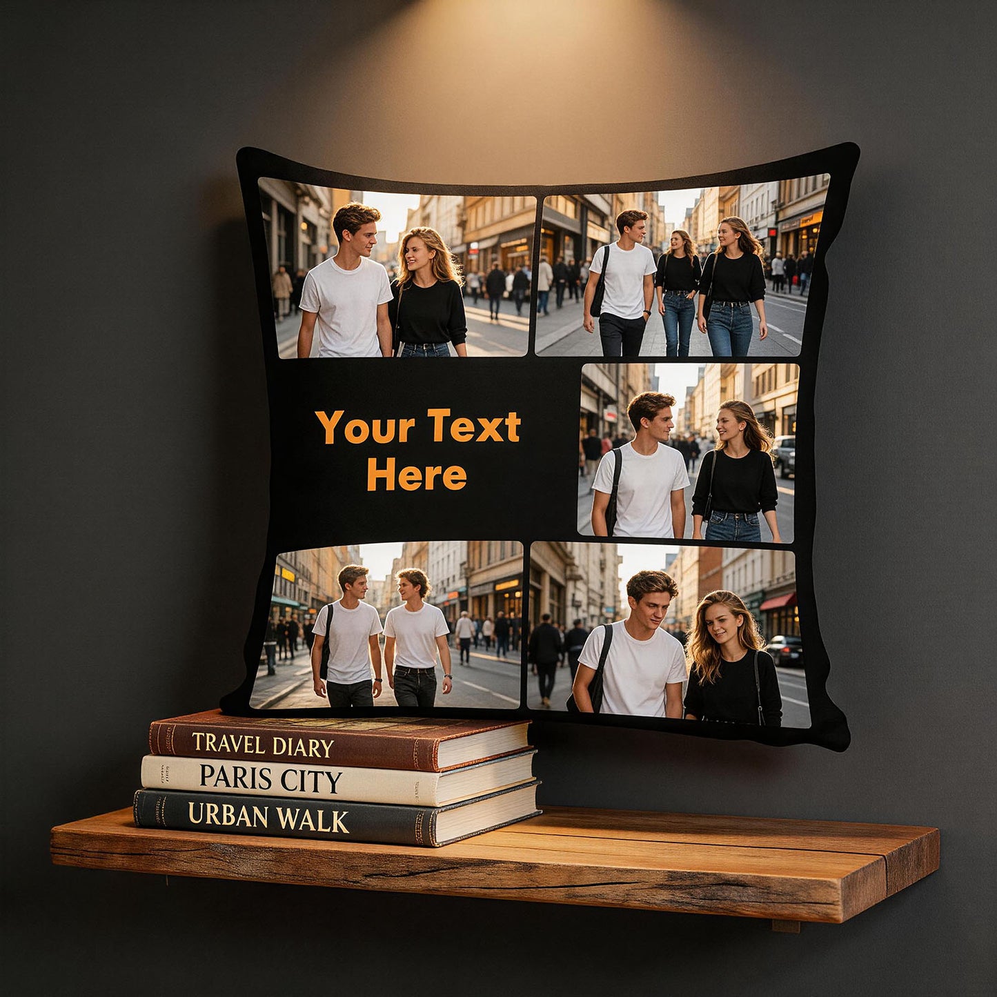 Personalized Travel Photo Pillow Cover on Brick Wall Hook, Custom 5-Picture Collage Cushion Cover, Industrial Style Home Decor Throw Pillow