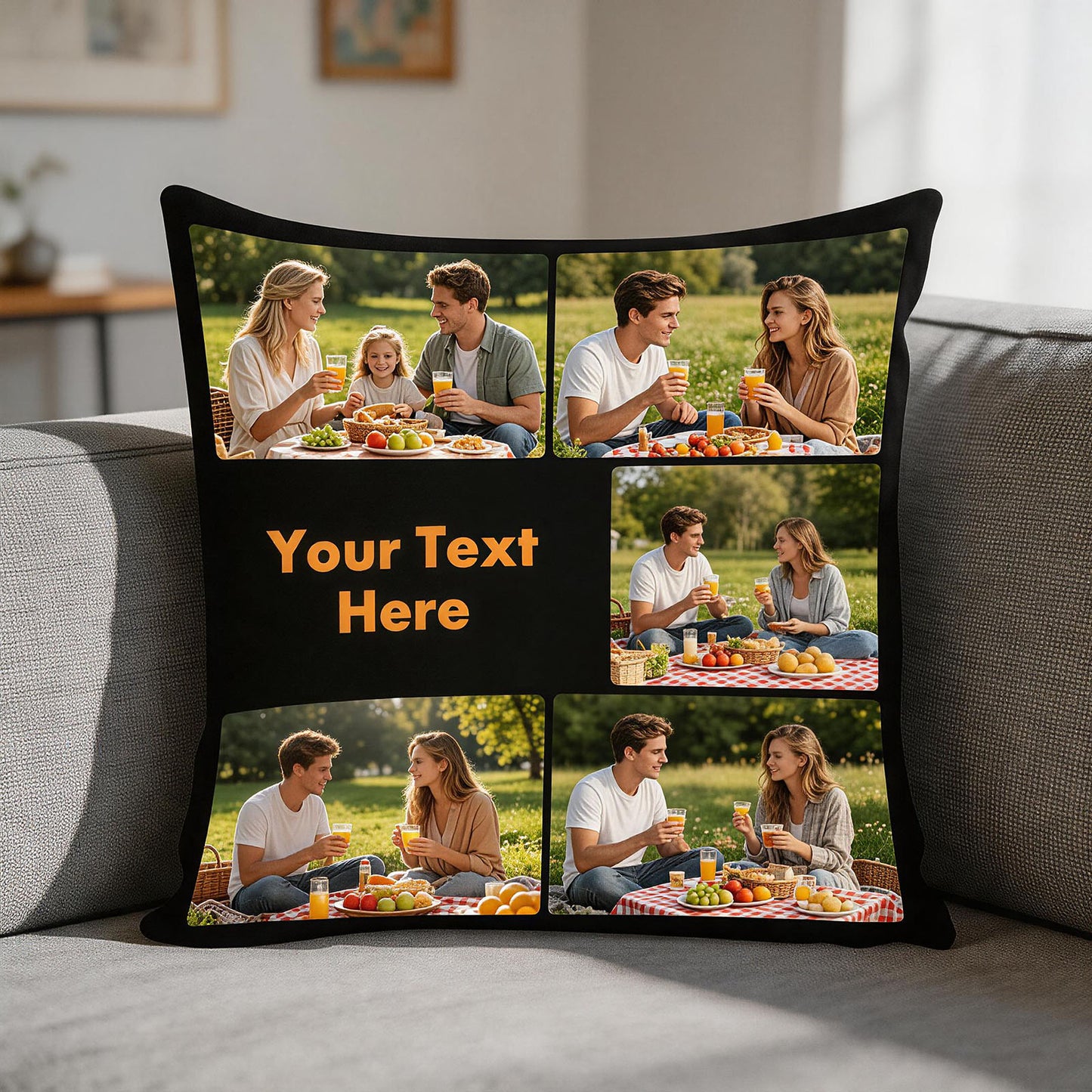 Personalized cushion cover with family picnic photos and custom text, modern decorative pillow for apartment living room, farmhouse and minimalist home décor