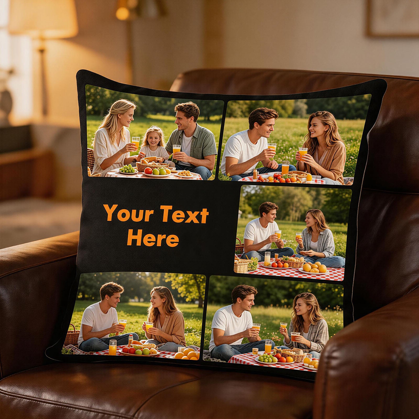 Personalized family photo pillow cover on leather armchair, custom decorative cushion for cozy home accents, anniversary, Mother’s Day and holiday gift