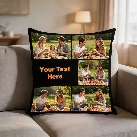 Personalized photo collage pillow cover displayed on modern living room sofa, custom family memory cushion cover for home décor, wedding anniversary and housewarming gift