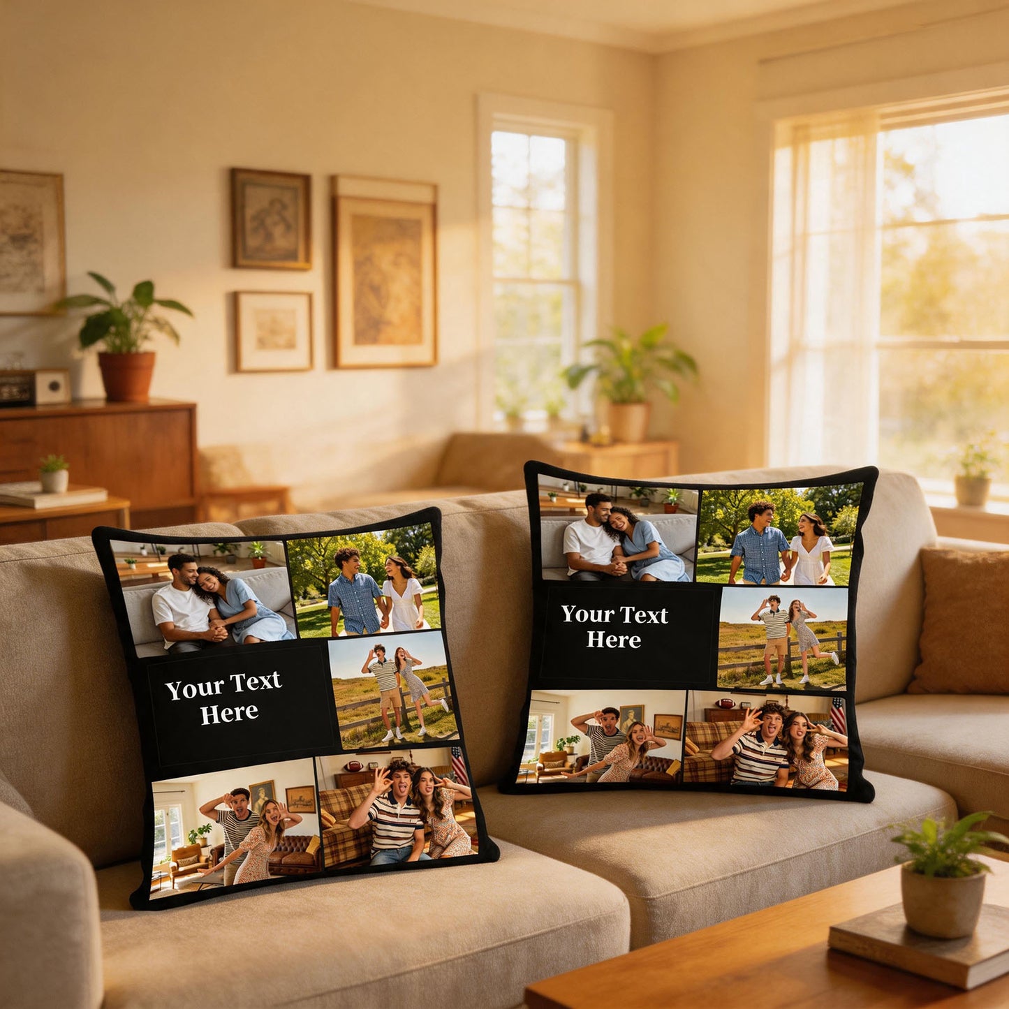 Two Custom Photo Collage Pillow Covers on Sofa, Personalized Memory Throw Pillows with Custom Text, Matching Cushion Covers for Living Room Decor, 16x16 Inch